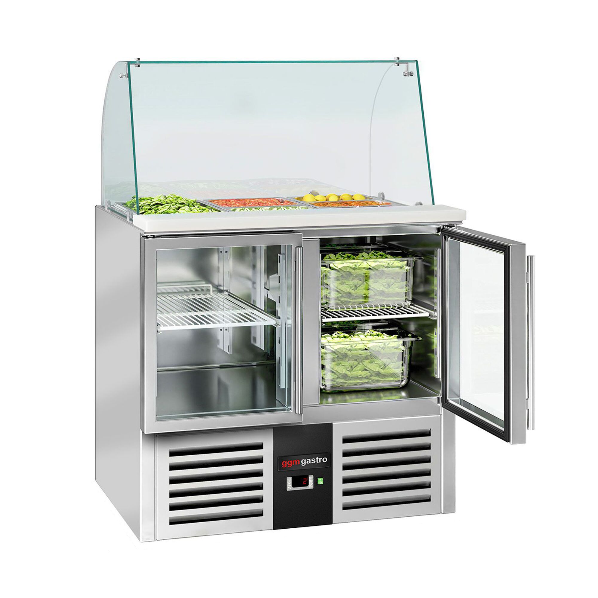 Saladette réfrigérée PREMIUM - 900mm - 288L - 2 portes vitrées - avec vitrine de comptoir pour 2x GN 1/1 & 3x GN 1/6 - Pour FR