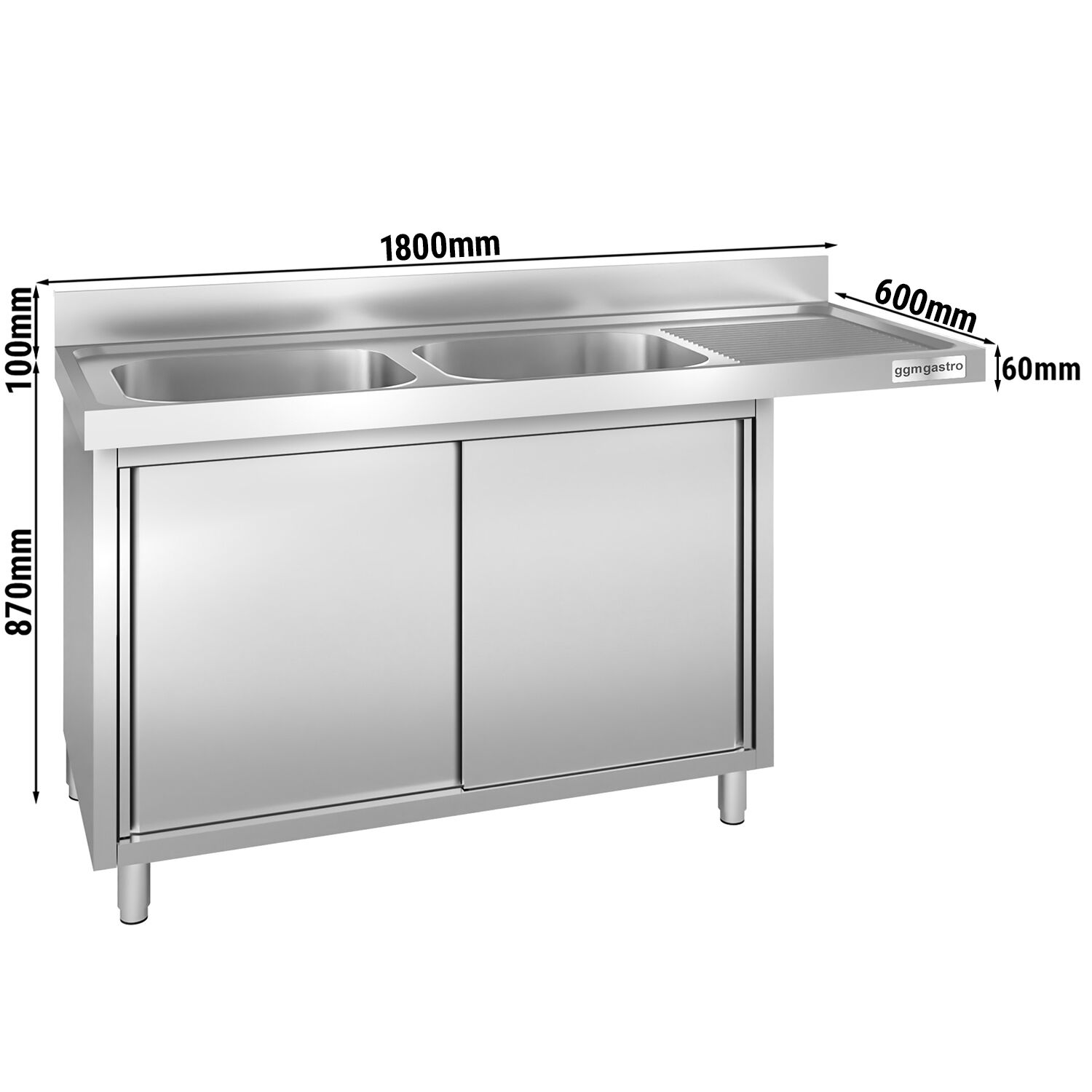 Plonge inox professionnelle PREMIUM - 1800x600mm - 2 bacs à gauche - avec égouttoir à droite - passage lave-vaisselle à droite