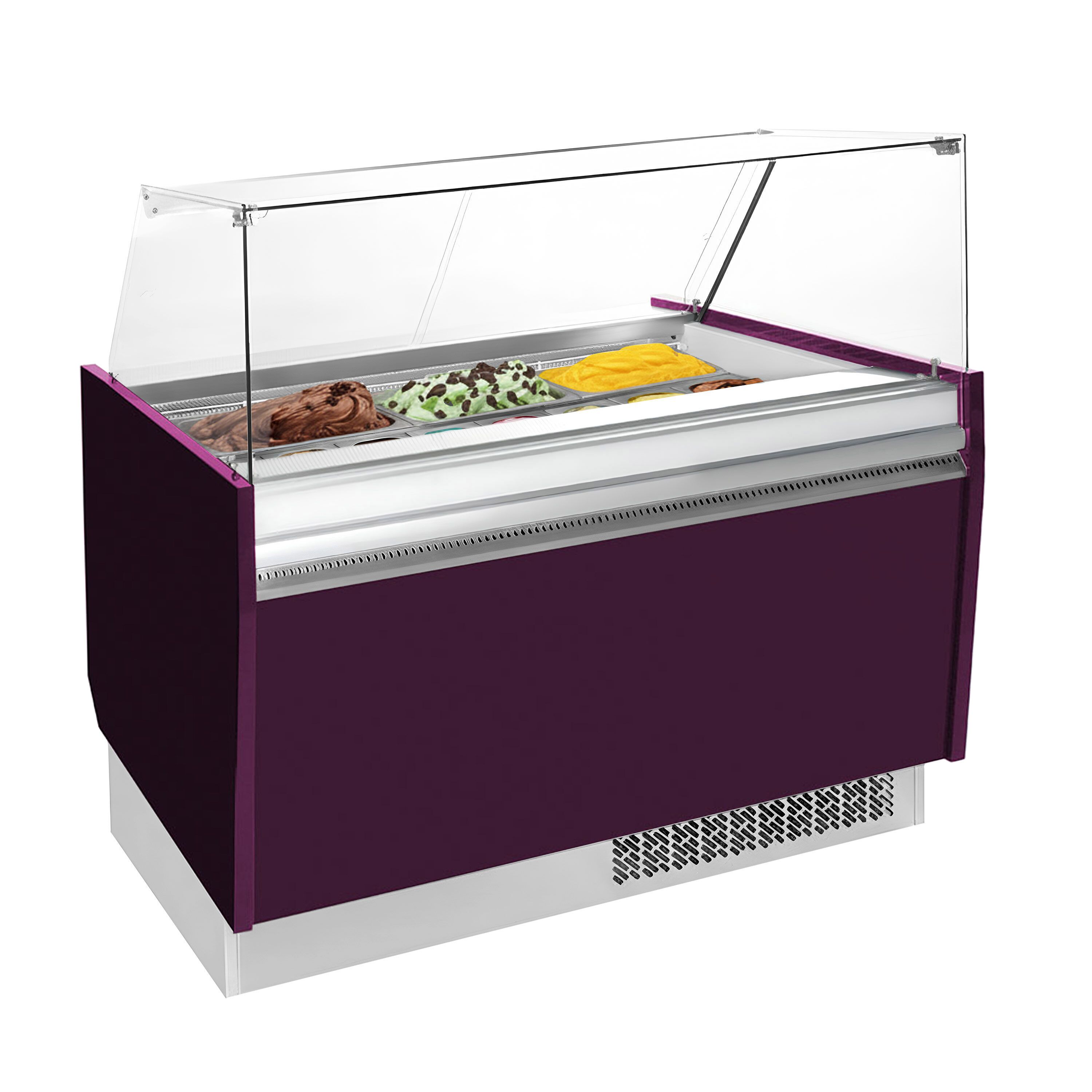 Vitrine à glace LIAM – 1310 mm – refroidissement statique – pour 10+10 bacs à glace de 5 litres – Violet