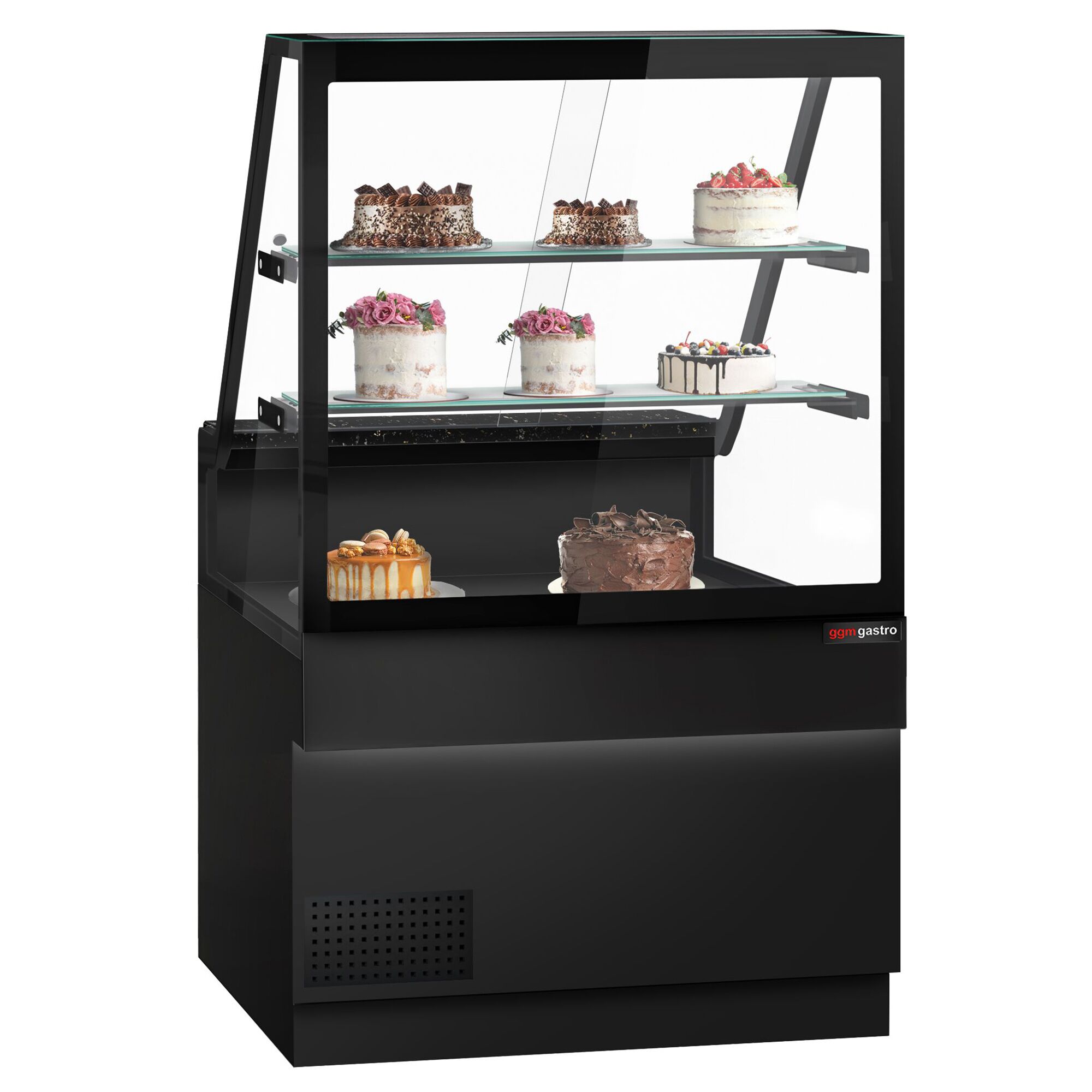 Serve Over Counter TORONTO - 1000mm - double glazing - black front - with 2 shelves - granite worktop
