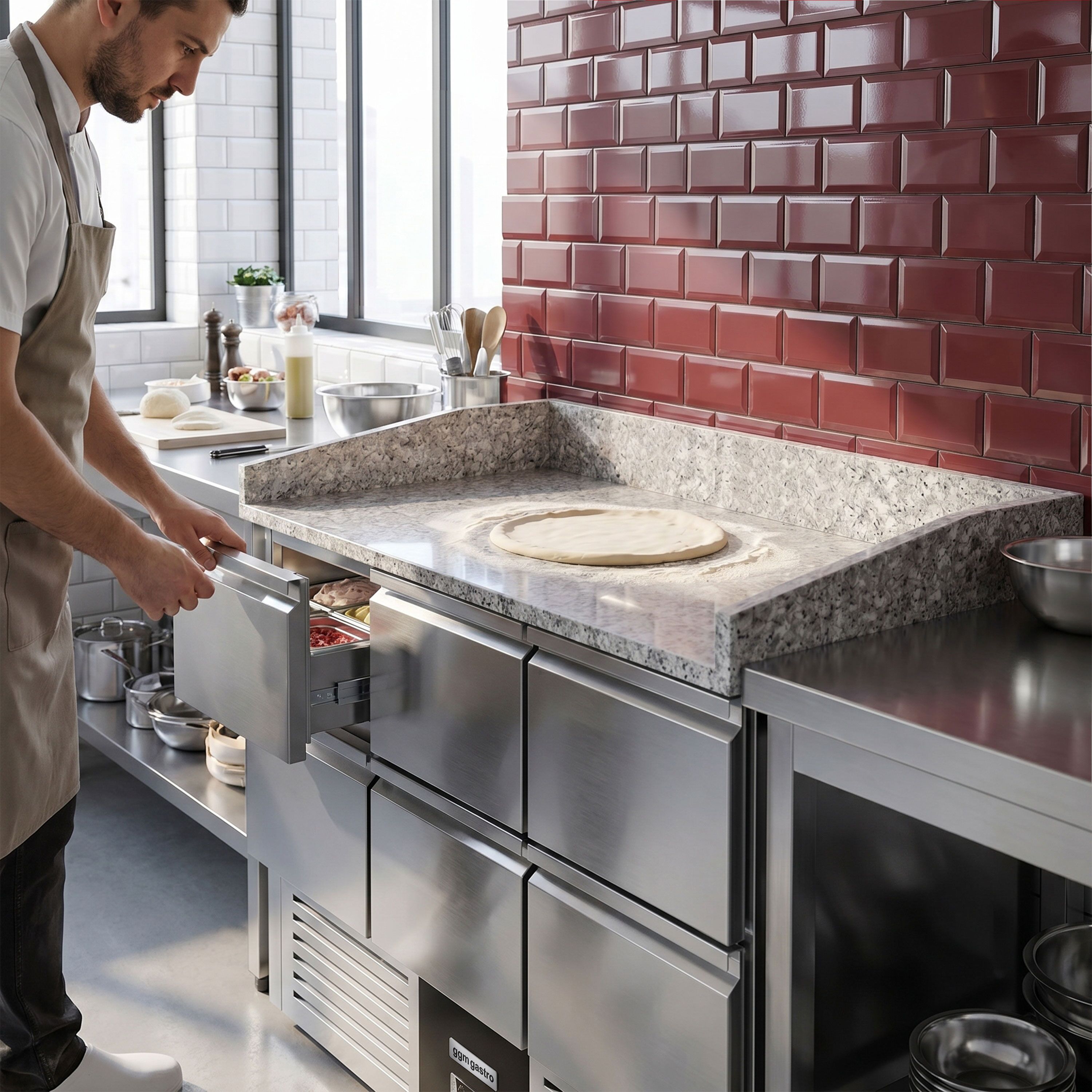 Commercial Pizza Prep Counter - Granite Top PREMIUM - 1400x700mm - with 0 doors & 6 dough drawers