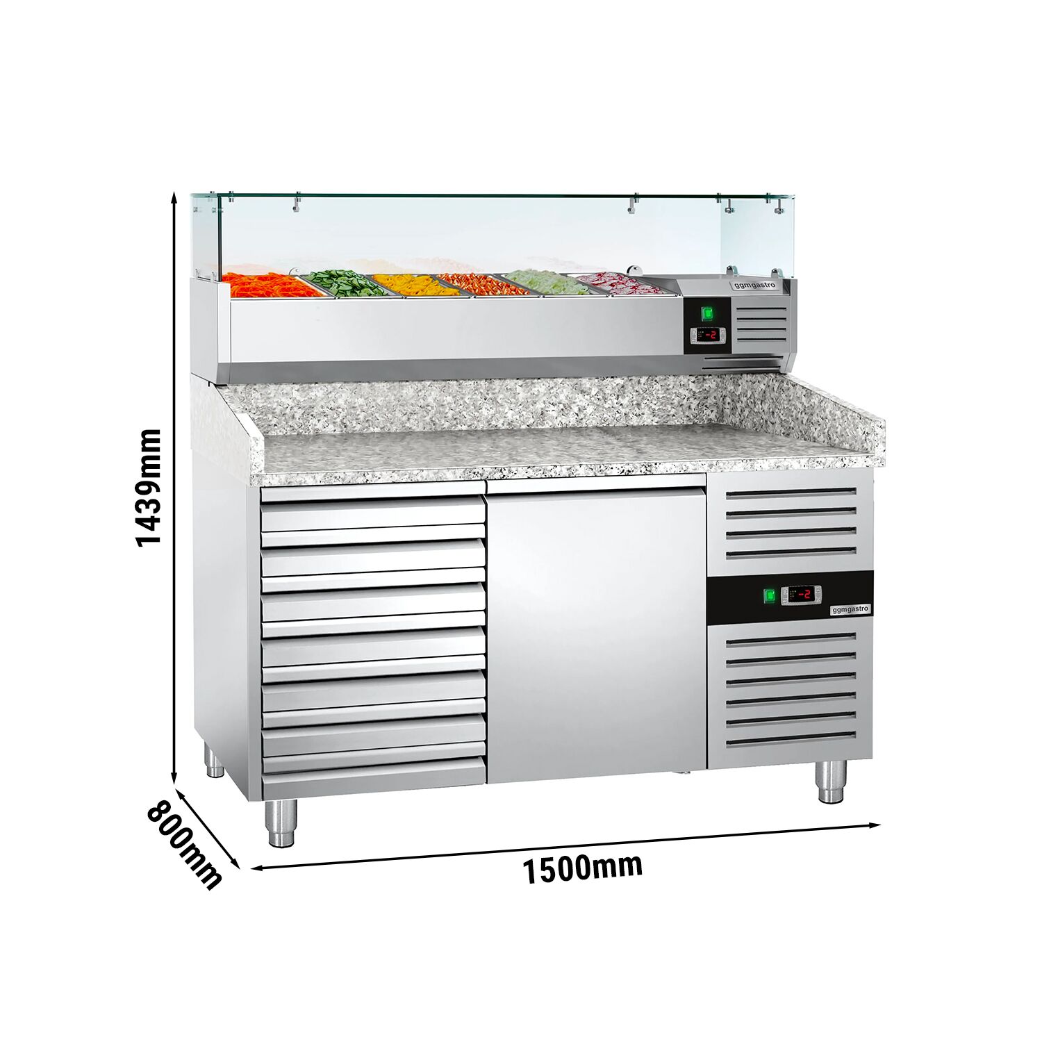 Table réfrigérée à pizza ECO - 1500 x 800 mm - avec 1 porte et 7 tiroirs - incl. vitrine réfrigérée - 6 x GN 1/3