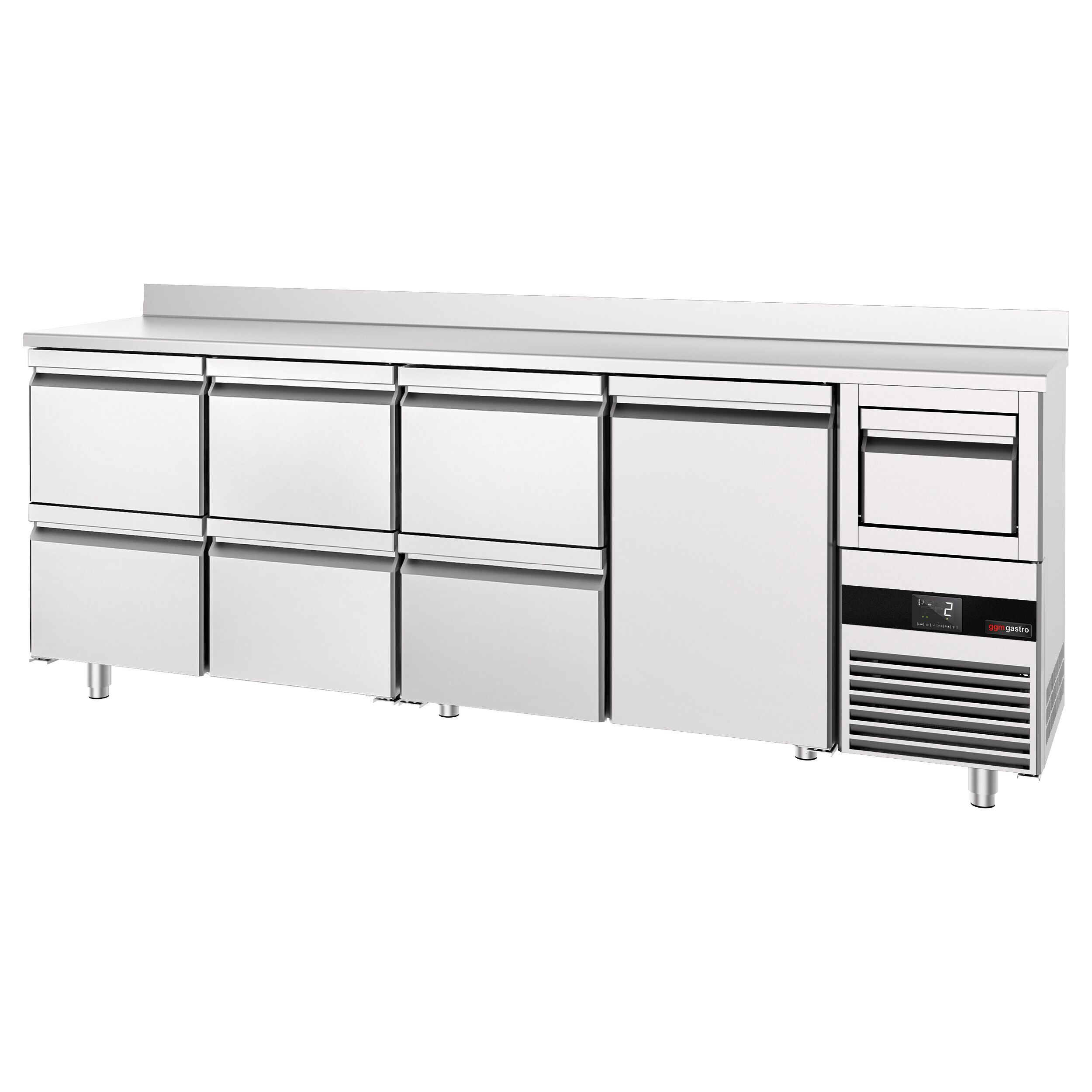 Arrière-bar réfrigéré professionnel  PREMIUM - 2690 x 600 mm - avec 1 porte et 6 tiroirs - avec dosseret - avec tiroir à marc de café