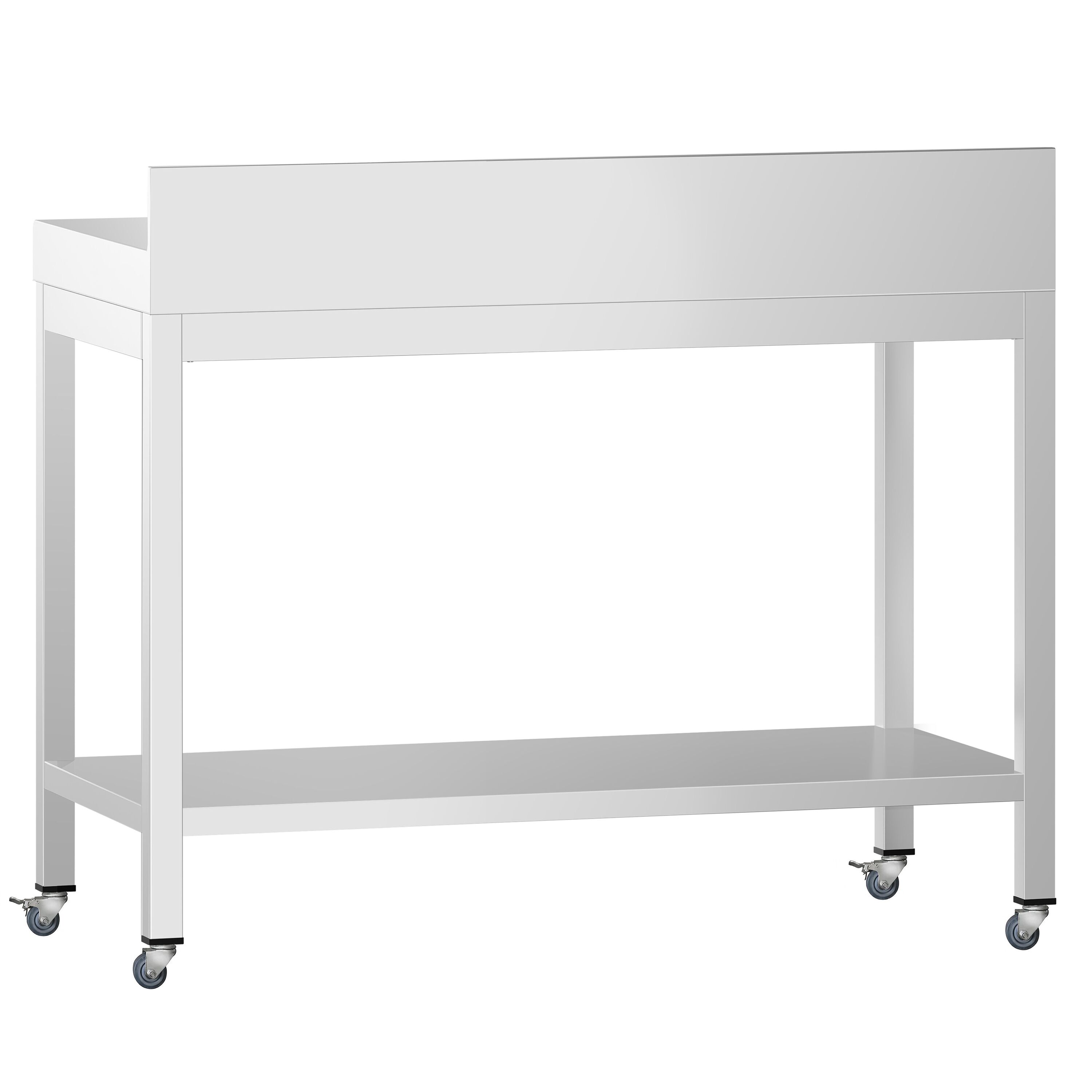Table de travail en inox PREMIUM - 800 x 600 mm - avec tablette inférieure, dosseret et roulettes