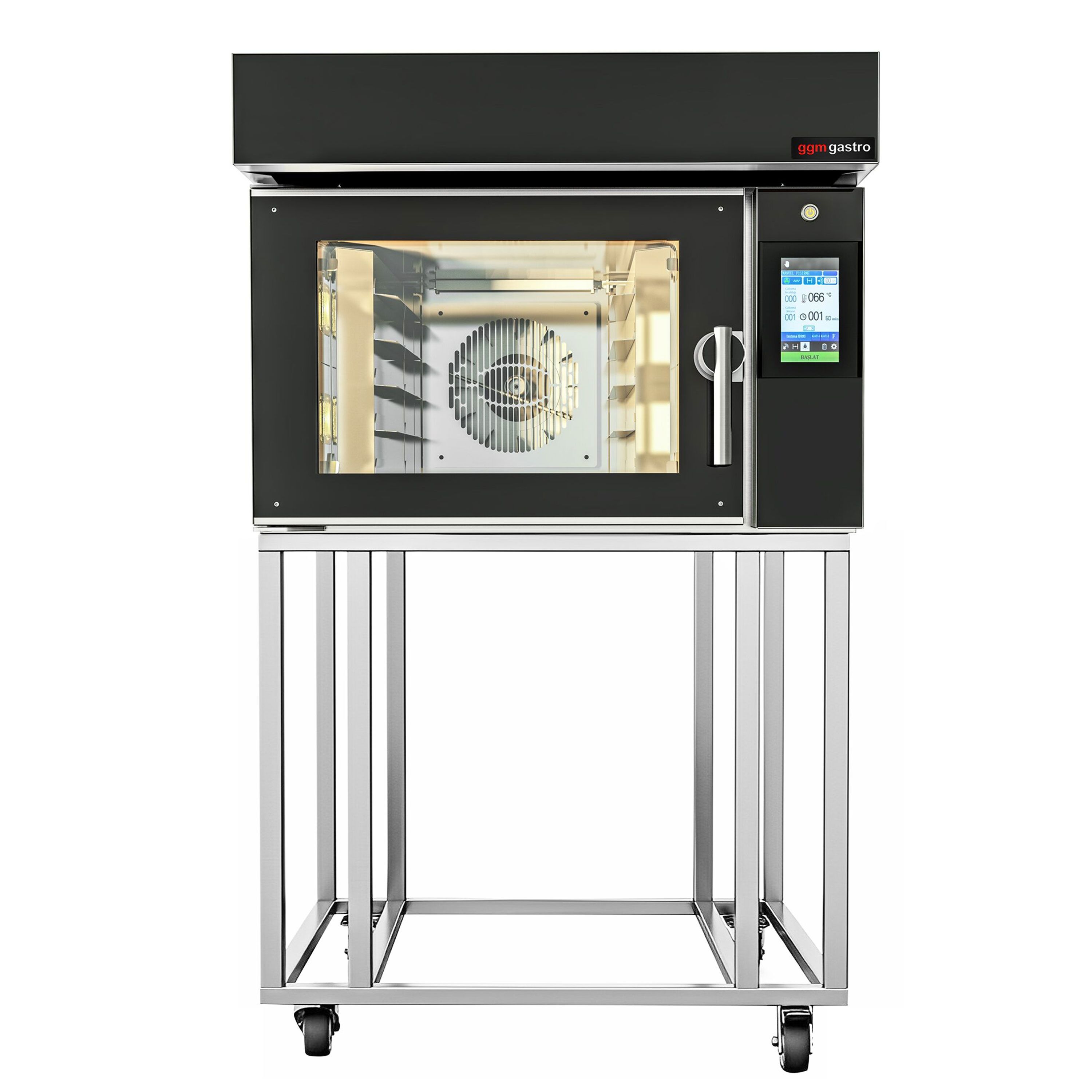 Électrique Four à convection avec injection d’eau - Écran tactile - 5 niveaux 600x400mm - Noir - avec armoire de fermentation intégrée, roulettes - inclus support - sans plaques de four
