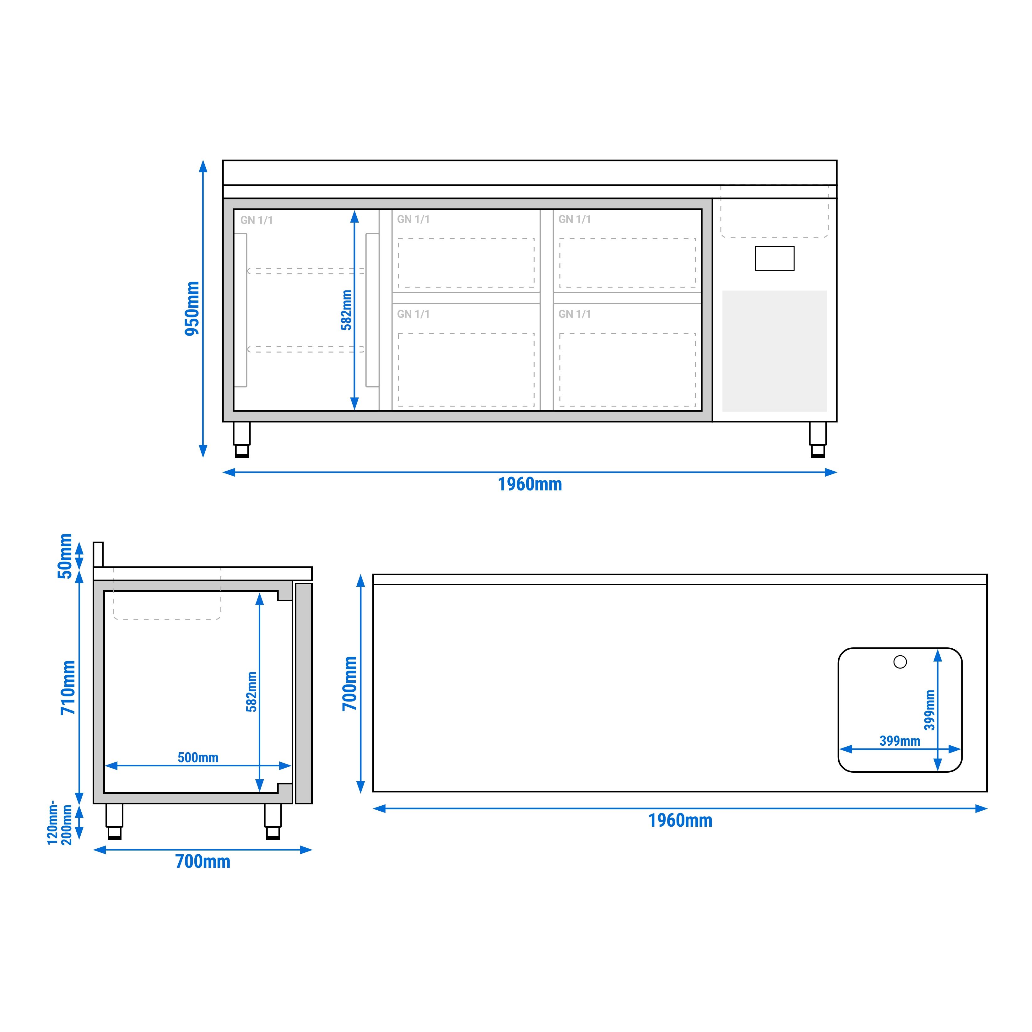 Table réfrigérée Premium PLUS - 1960 x 700 mm - avec 1 bac, 1 porte, 4 tiroirs - dosseret
