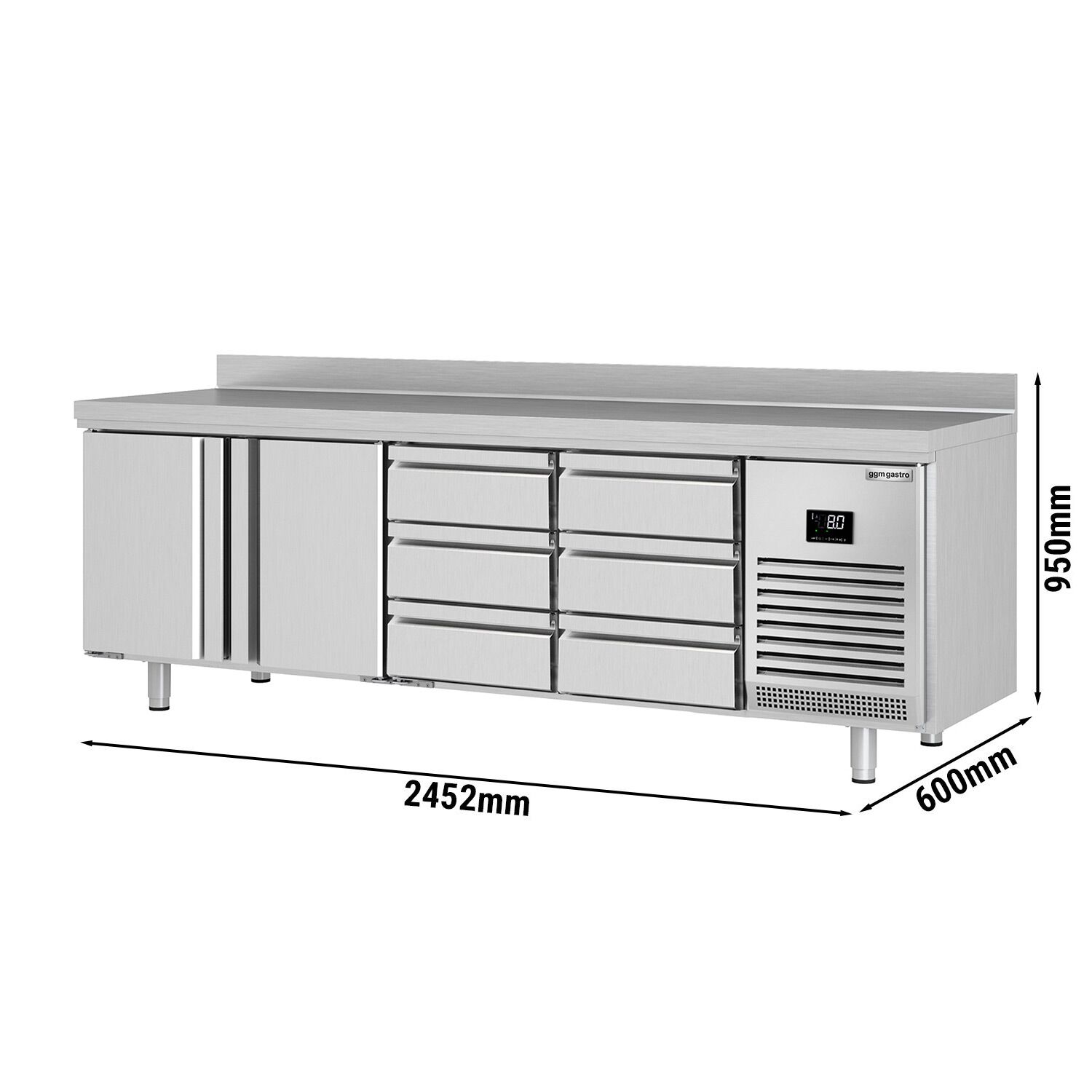 Table réfrigérée Premium PLUS - 2452 x 600 mm - avec 2 portes - 6 tiroirs 1/3 - avec dosseret