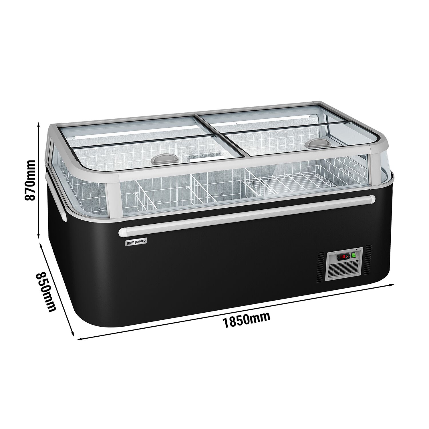Îlot de congélation pour supermarché - Module de tête - 1850x850mm - 523 L - Couvercles coulissants en verre - Noir