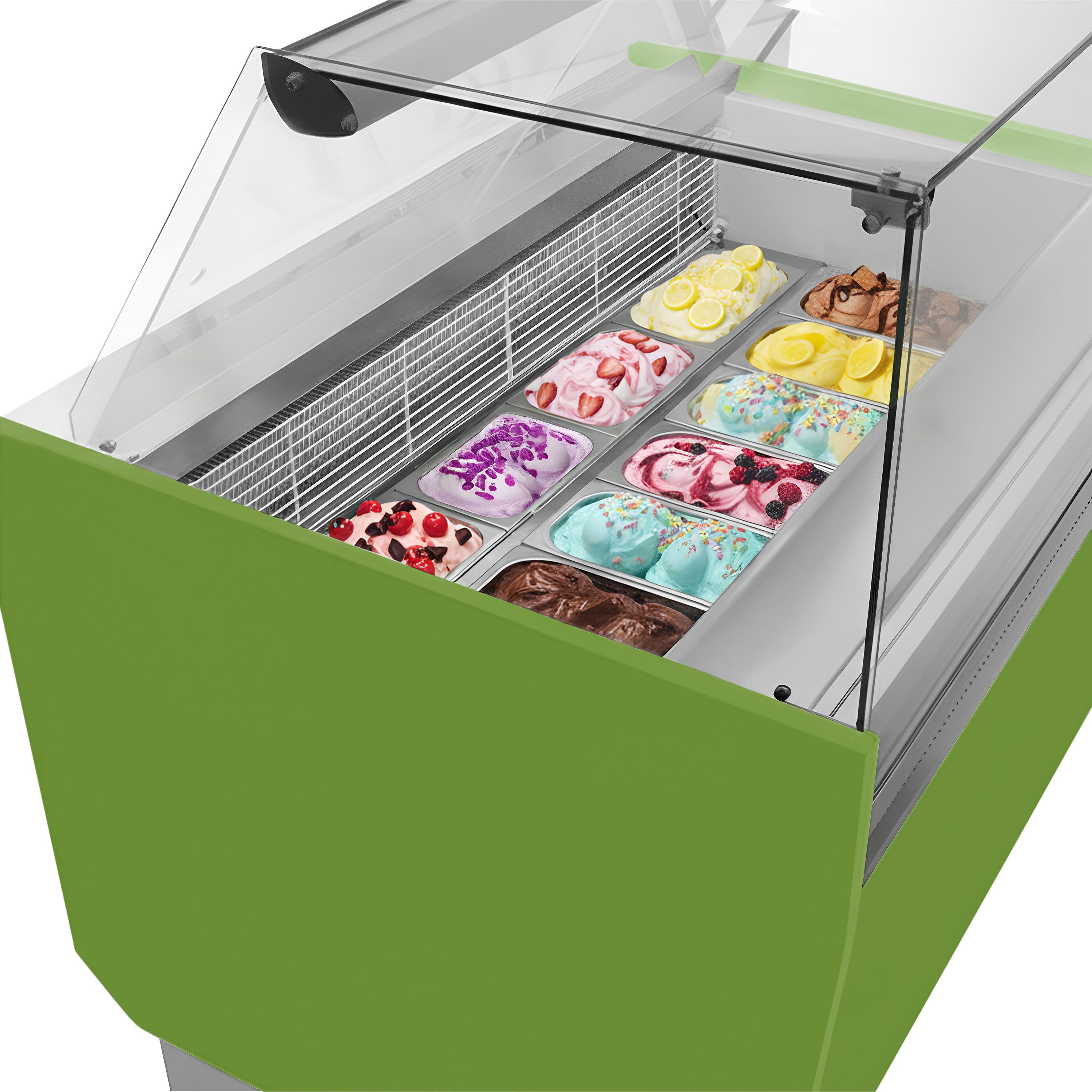 Vitrine à glace LIAM – 1560 mm – refroidissement statique – pour 13+13 bacs à glace de 5 litres – Vert clair