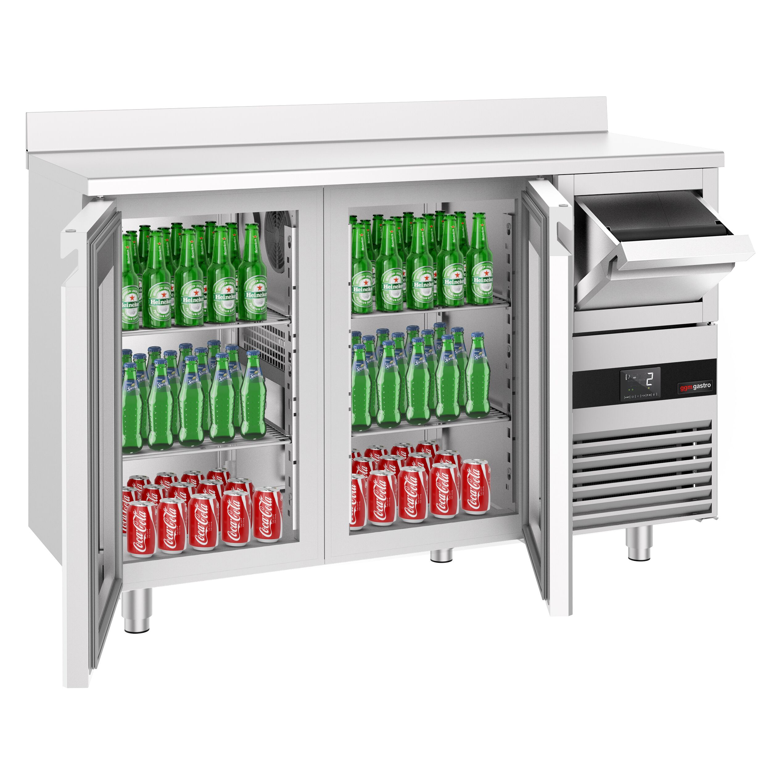 Arrière-bar réfrigéré professionnel PREMIUM - 1580 x 600 mm - avec 2 portes vitrées - avec dosseret - avec tiroir à marc de café