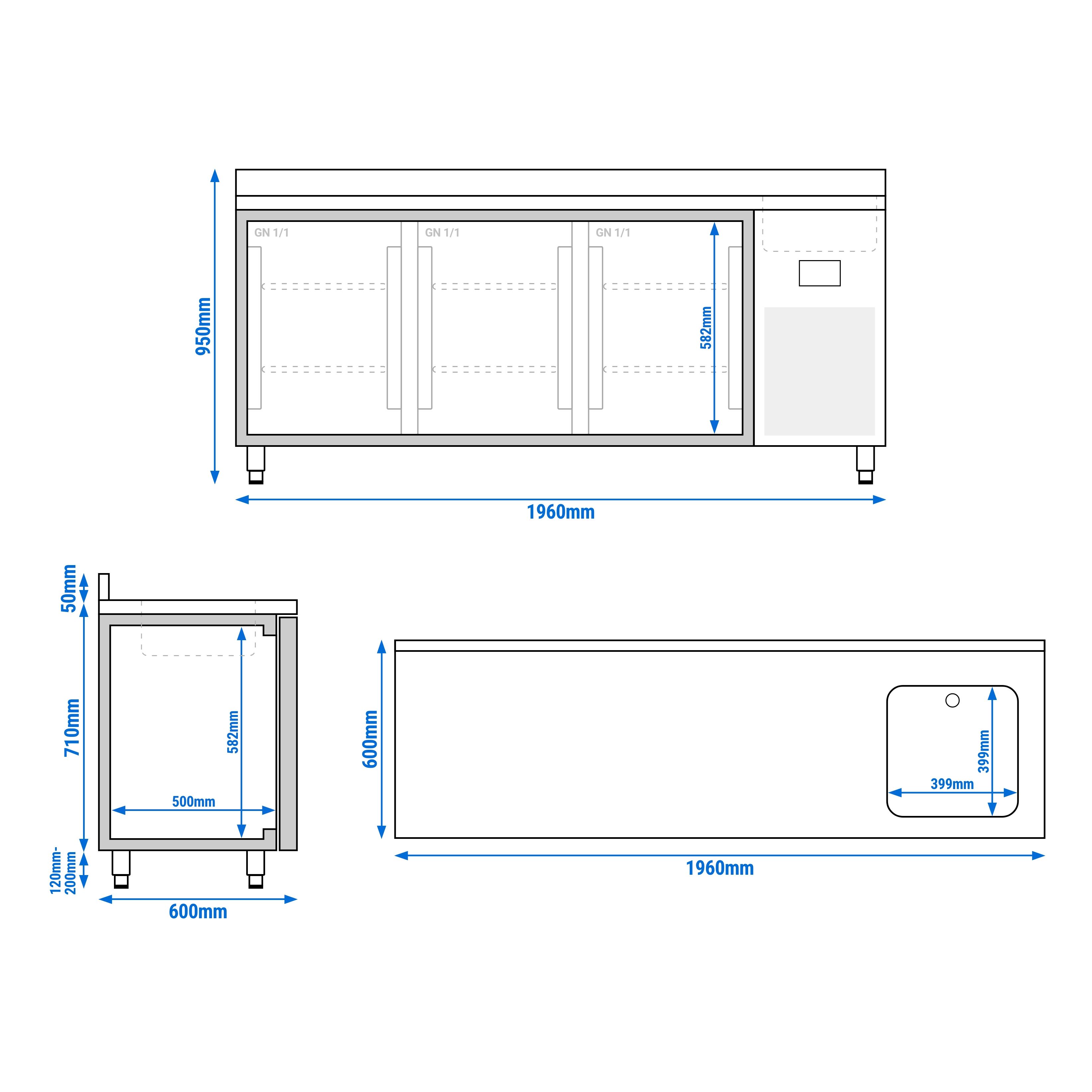 Table réfrigérée Premium PLUS - 1960 x 600 mm - avec 1 bac et 3 portes - avec dosseret