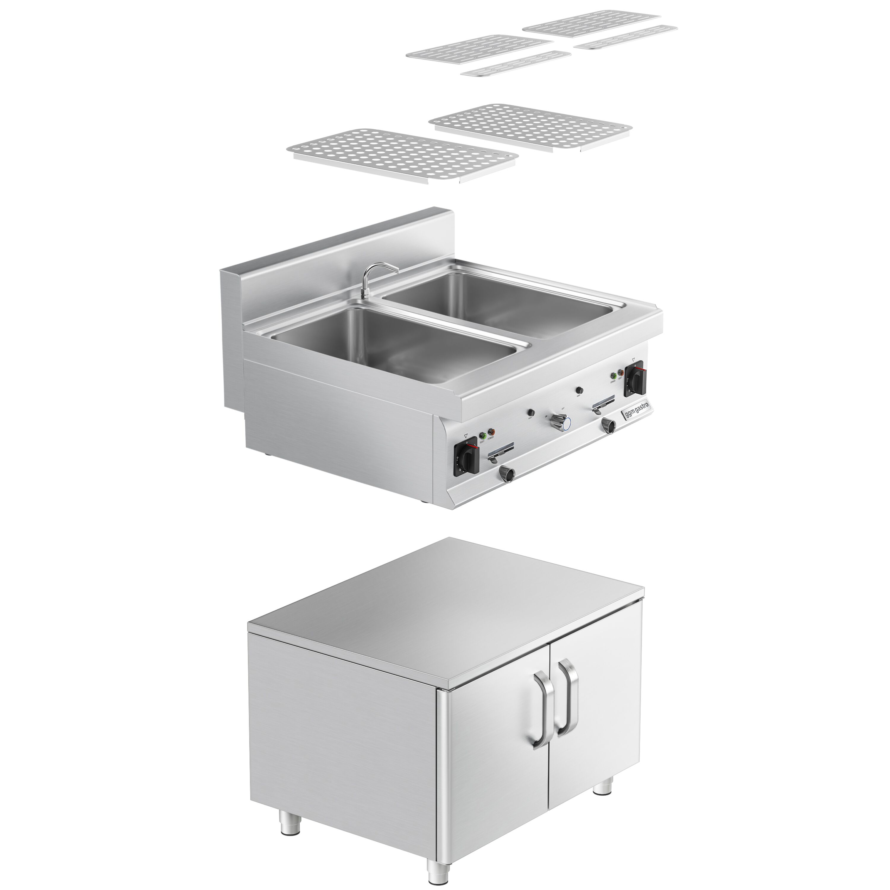 Cuiseur à pâtes électrique avec robinet – 2 × 26 L – 12 kW – incl. soubassement avec 2 portes