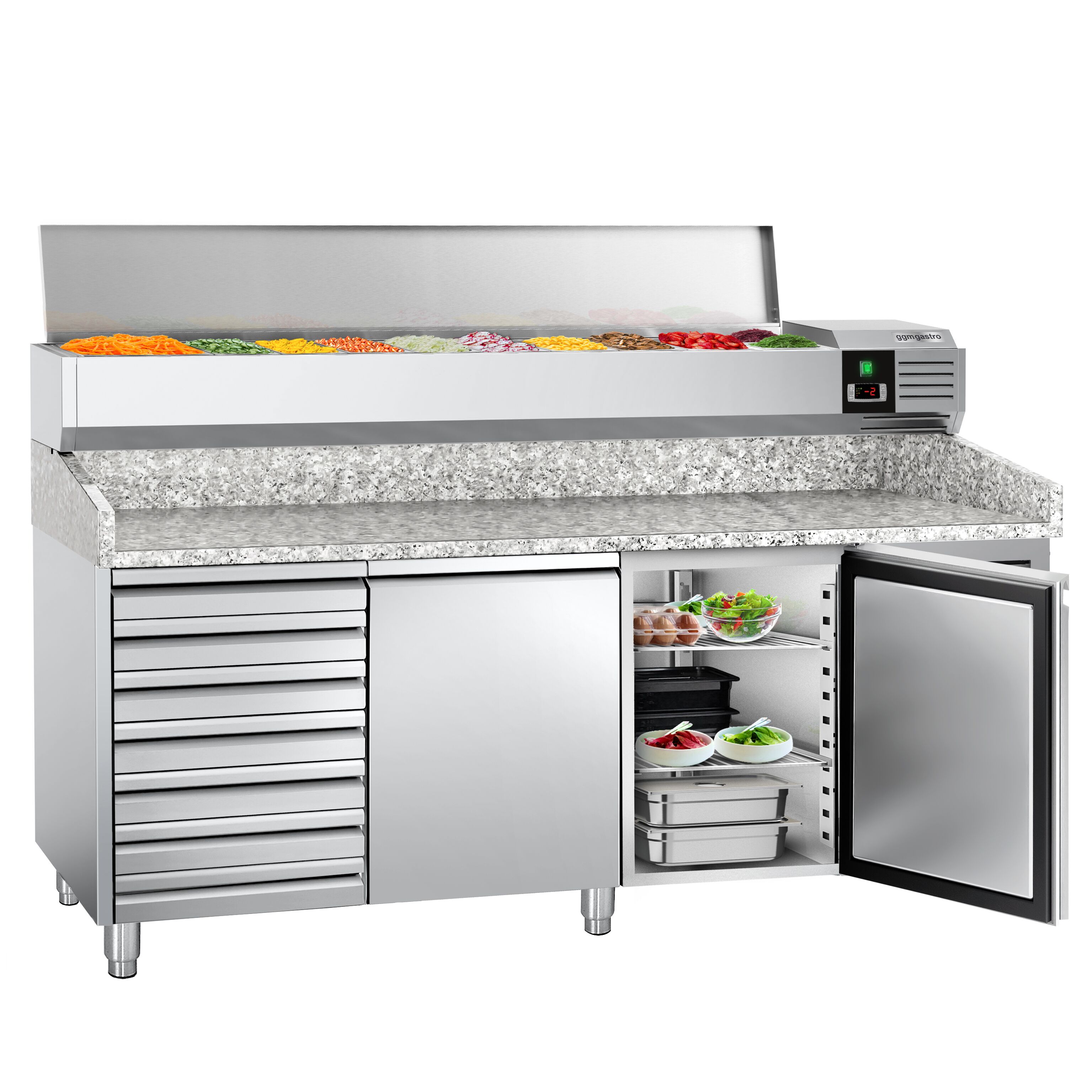 Table réfrigérée à pizza PREMIUM - 2000 x 800 mm - avec 2 portes et 7 tiroirs - incl. vitrine réfrigérée - 9 x GN 1/3