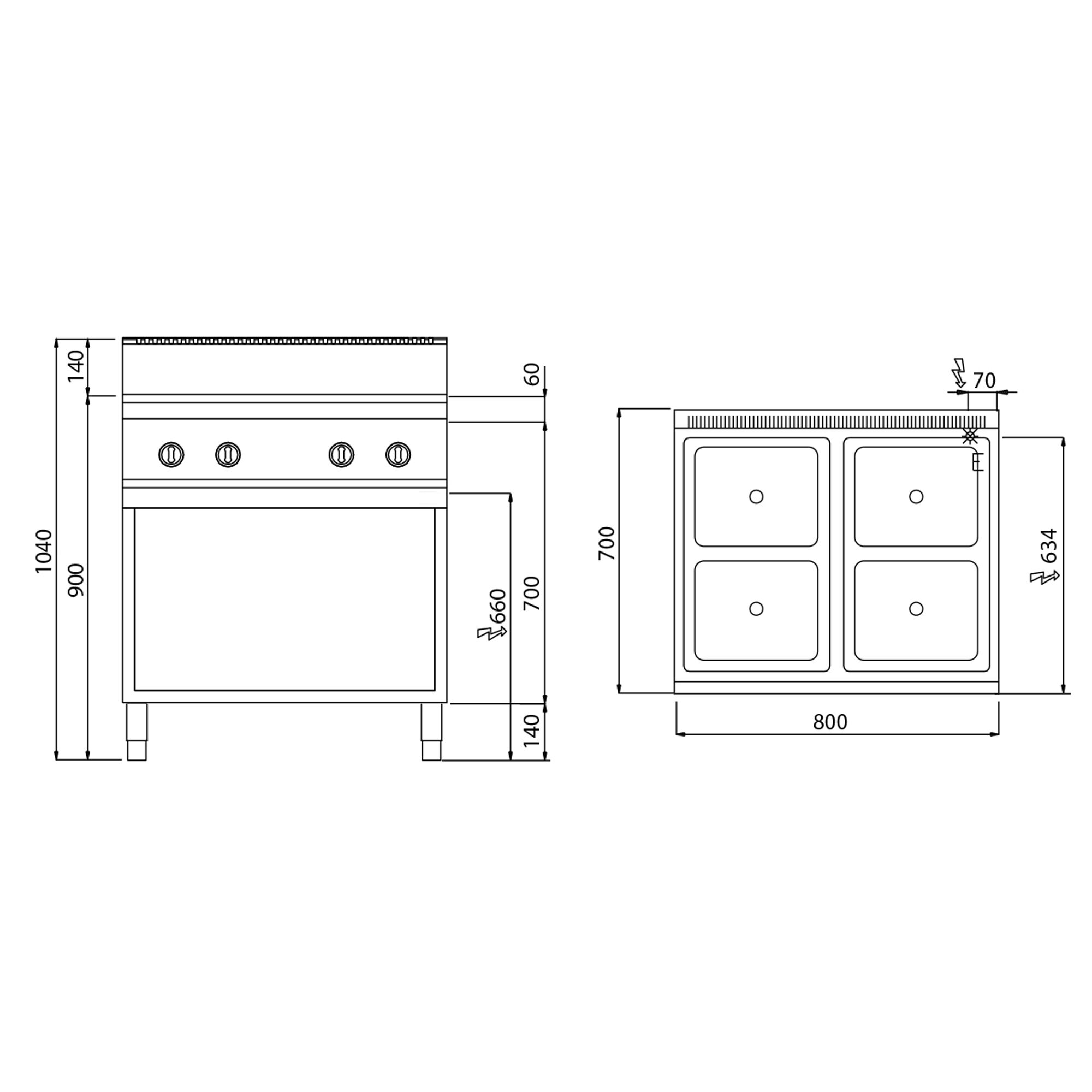 Fourneau à induction - 14kW - 4 foyers - sur placard ouvert