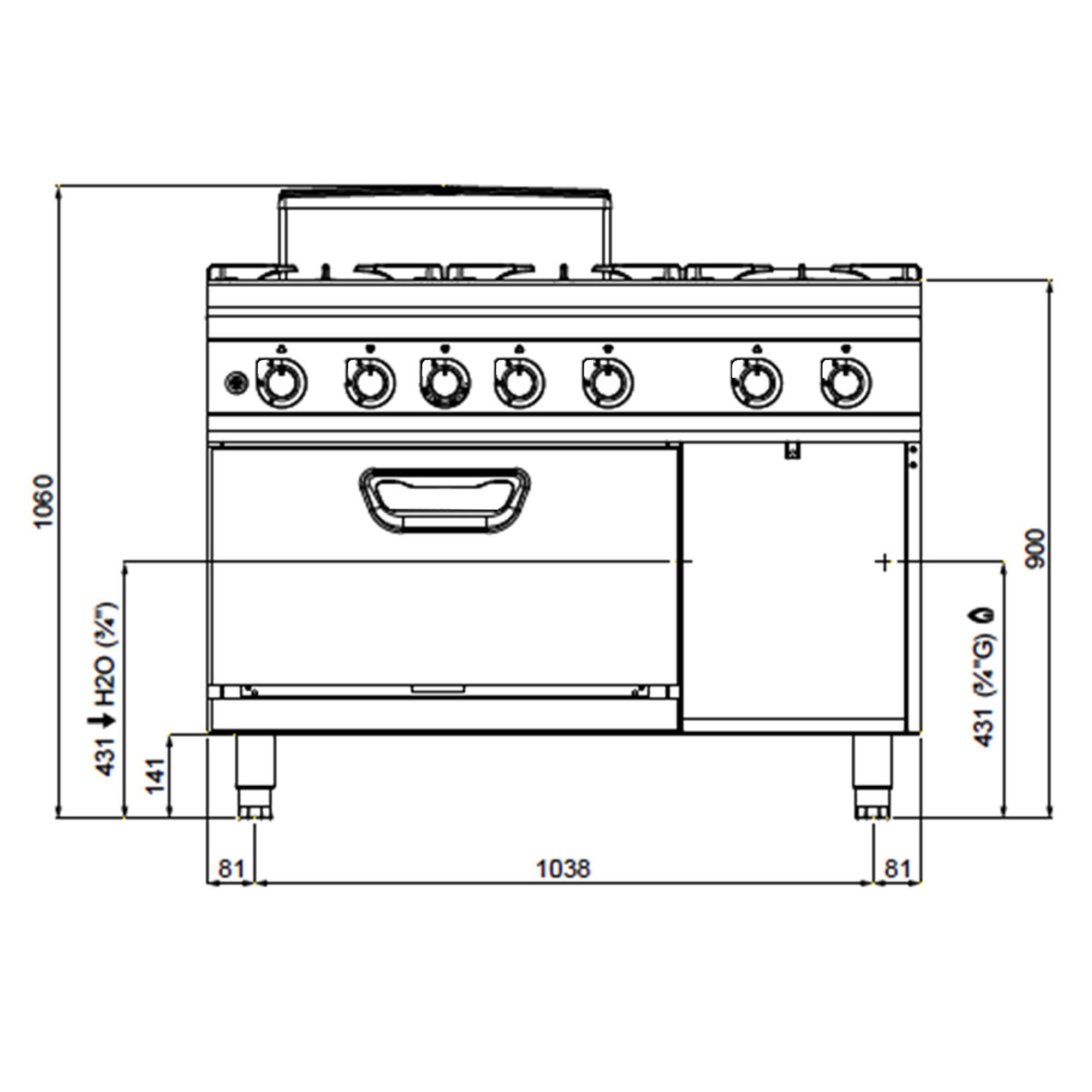 Fourneau à gaz – 44 kW – 6 brûleurs – avec four à gaz statique – 7,8 kW