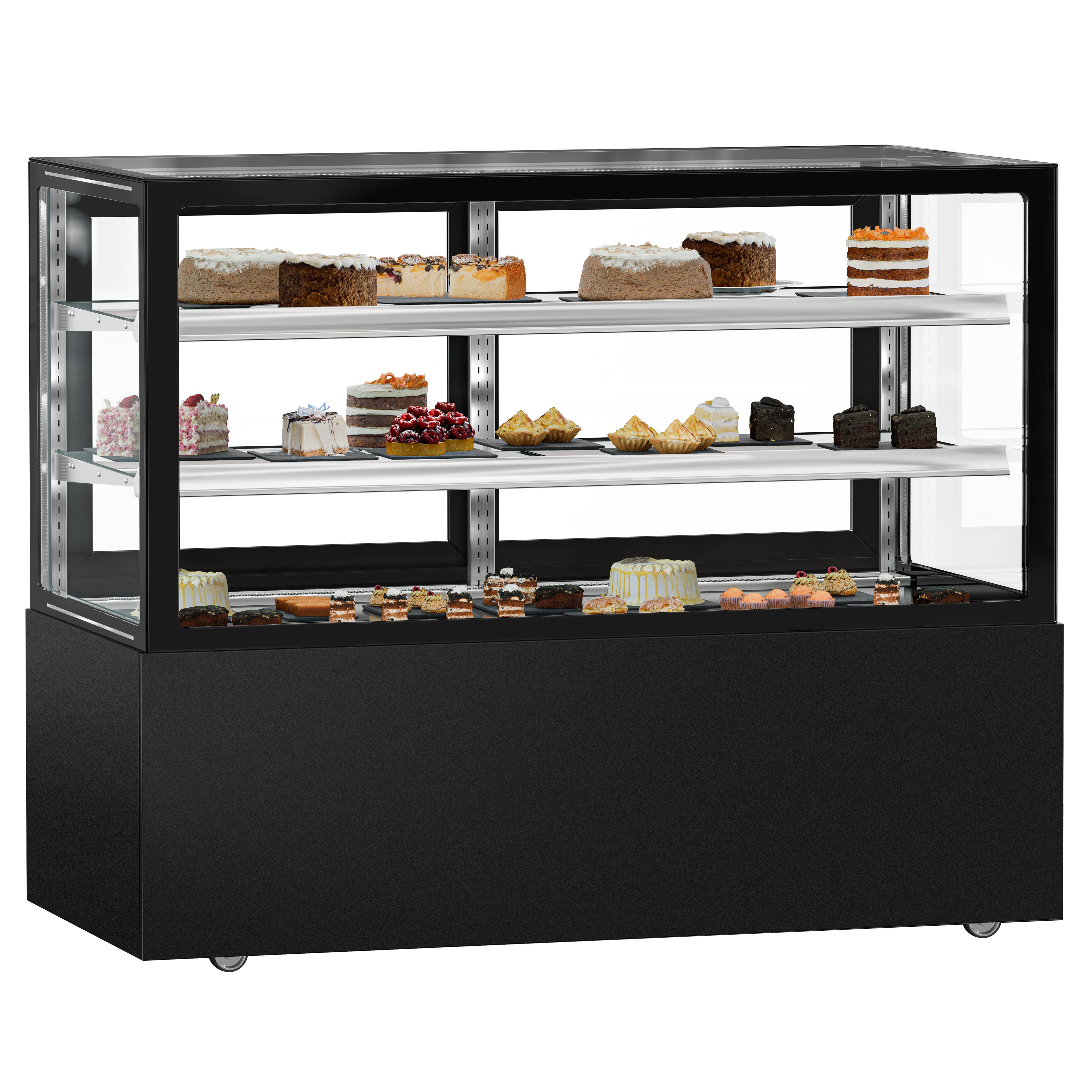 Vitrine à pâtisserie réfrigérée MADRID - 620L - 1500mm - Double vitrage - avec 2 étagères en verre - portes coulissantes vitrées arrière - pour pâtisseries - Noir mat