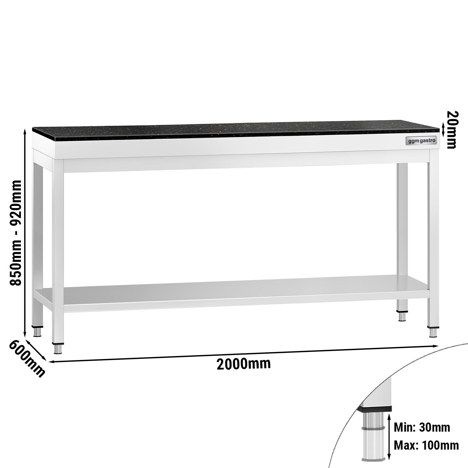 Table de travail inox PREMIUM - 2000 x 600 mm - avec tablette inférieure - incl. Plan de travail en Granit