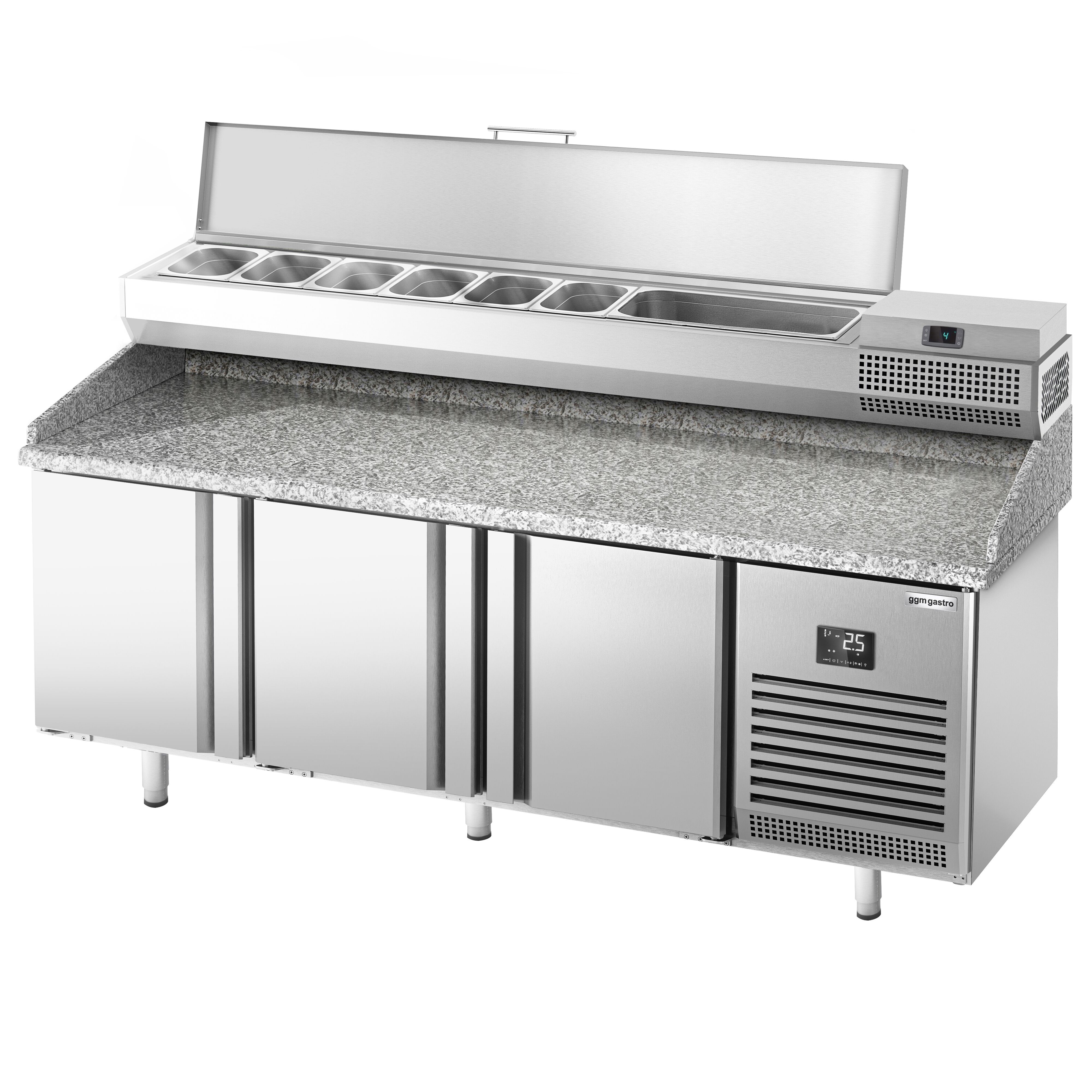 Table réfrigérée à pizza Premium PLUS - 1980 x 700 mm - avec 3 portes - incl. vitrine réfrigérée de présentation - 9x GN 1/4