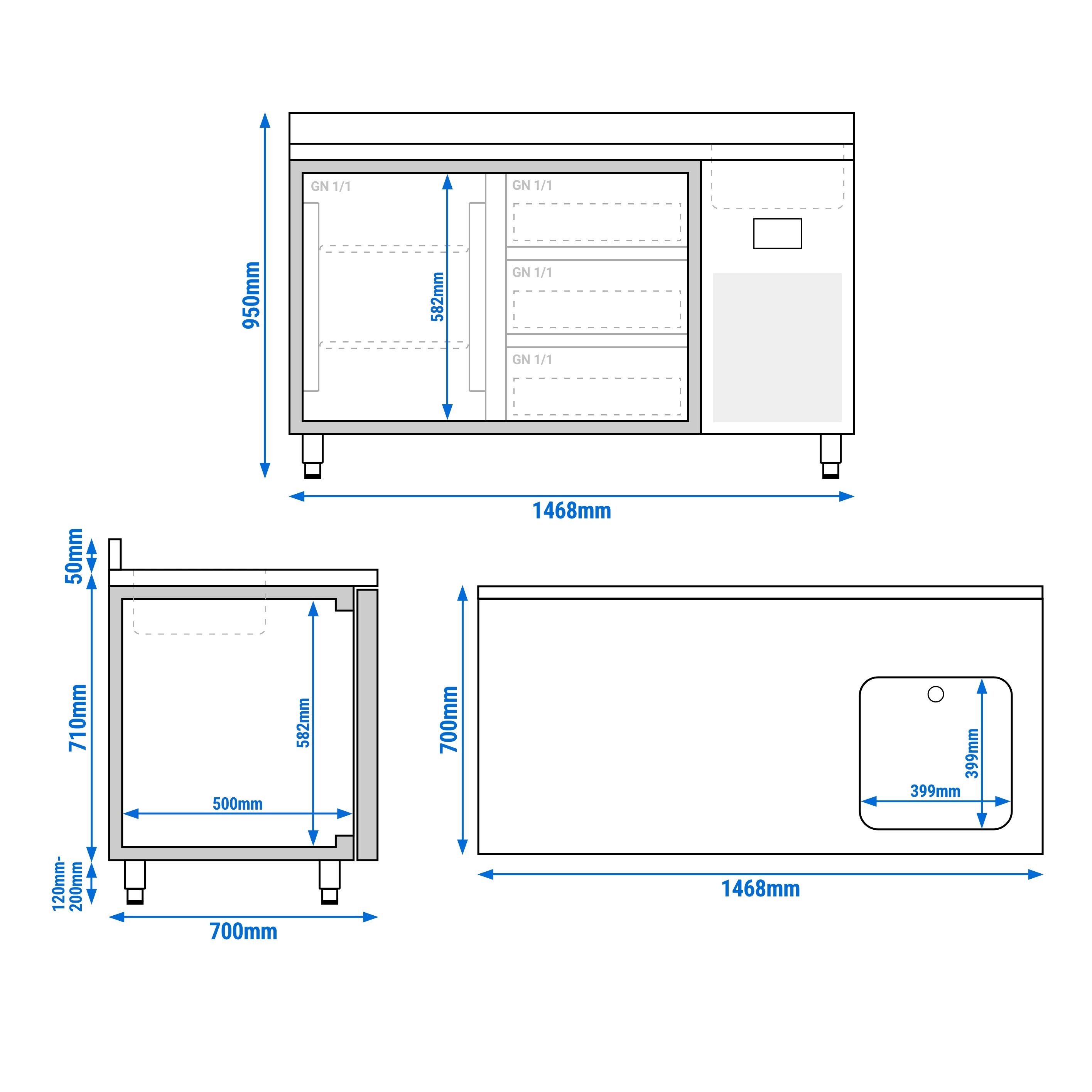Table réfrigérée Premium PLUS - 1468 x 700 mm - avec 1 bac, 1 porte, 3 tiroirs - dosseret