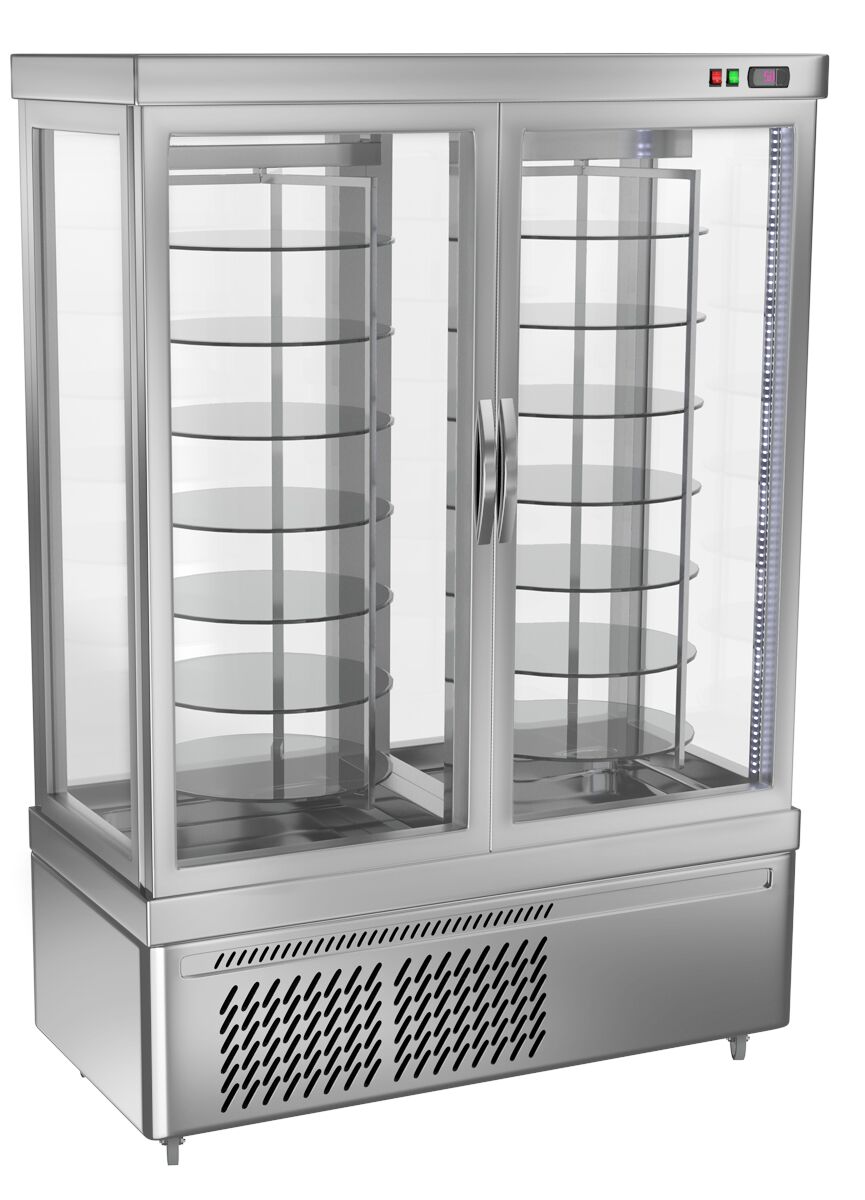 4-Sided Glass Display Fridge - 935L - 1320mm - with 14 rotating shelves - 2 doors - Silver