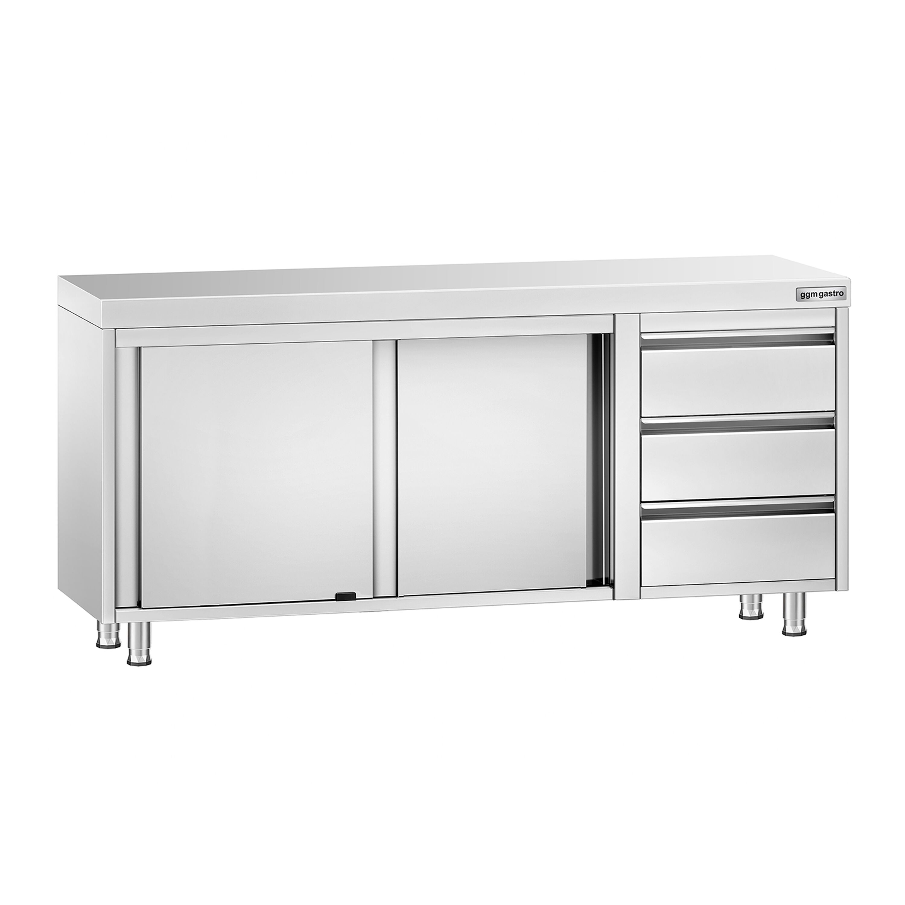 Table armoire en acier inoxydable PREMIUM - 1800x700mm - avec 3 tiroirs à droite et portes coulissantes