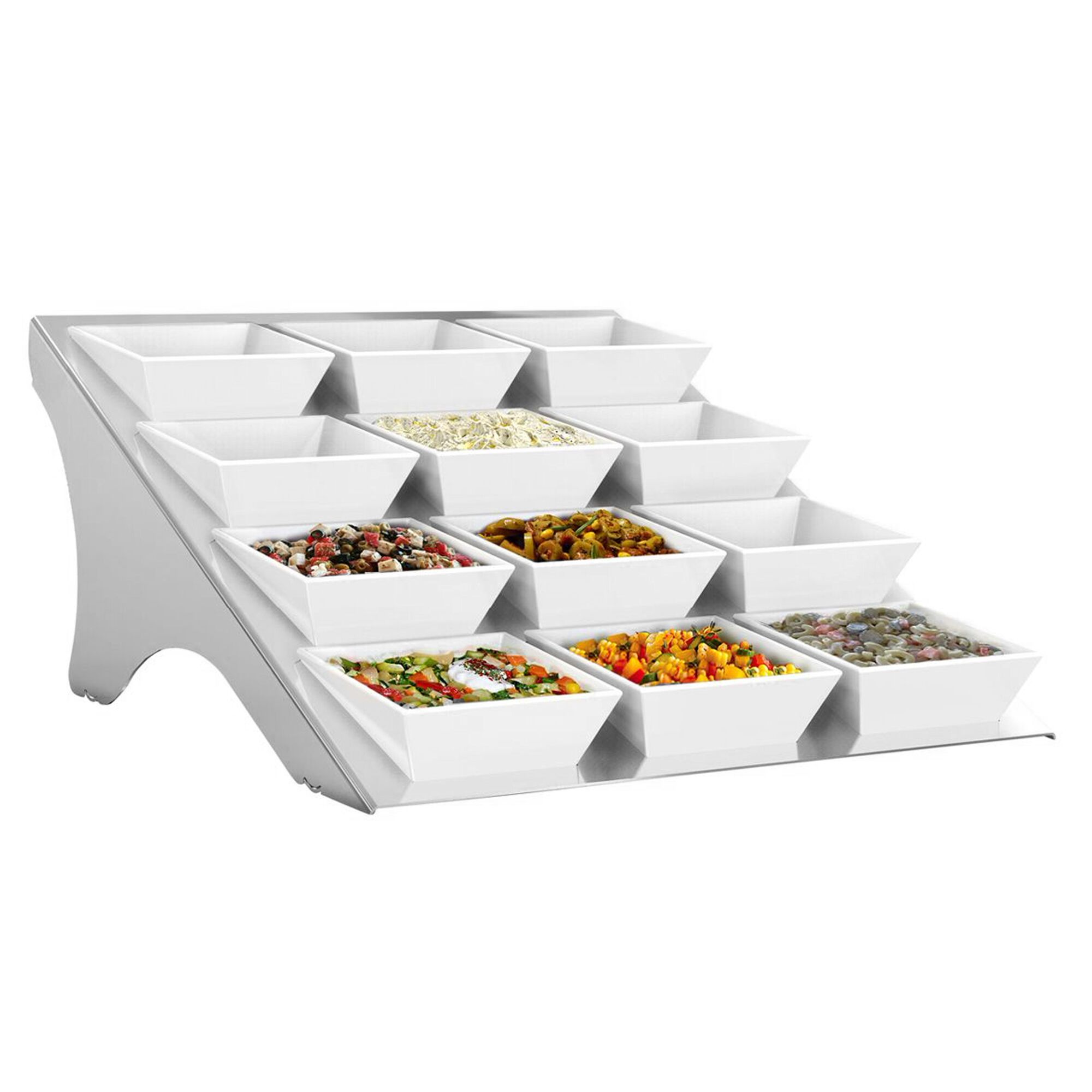 Présentoir buffet / étagère - chromé - incl. 12 bols en mélamine - rectangulaires
