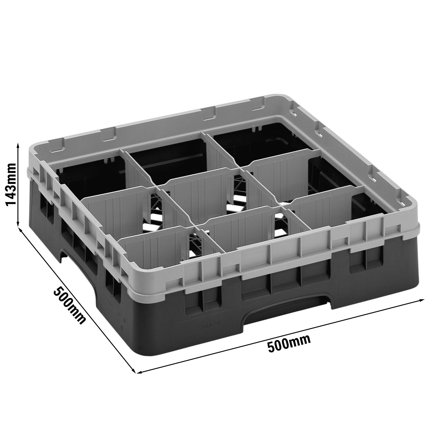 CAMBRO | CAMRACK® - Glazenwasmand 1/1 - 9 vakken - met 1 verlengstuk - 500x500mm - Zwart