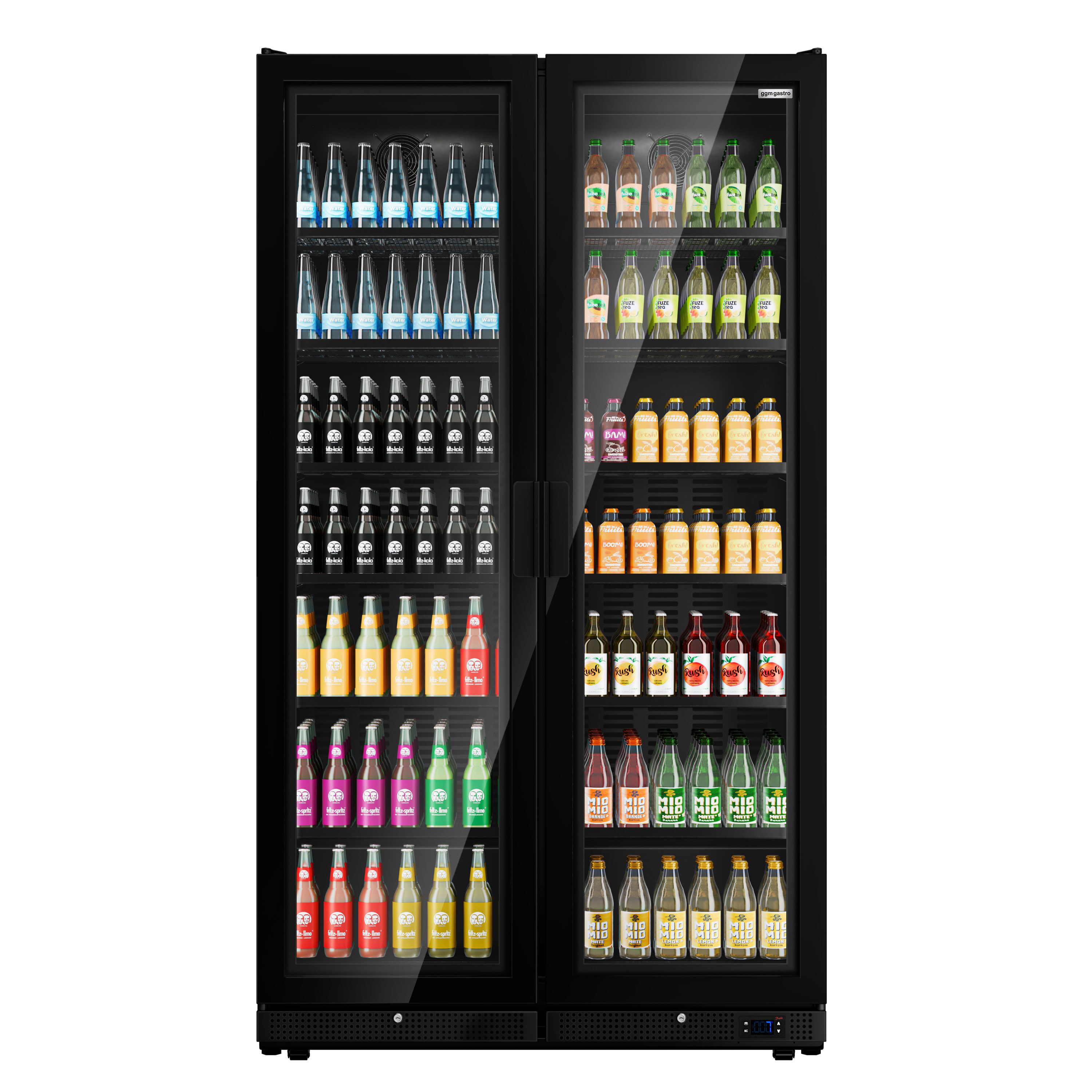 Vitrine réfrigérée à boissons - 1200mm - 1230 L - porte vitrée sans cadre - 2 portes vitrées - éclairage LED - affichage digital de la température - Noir - 0 à +7 °C