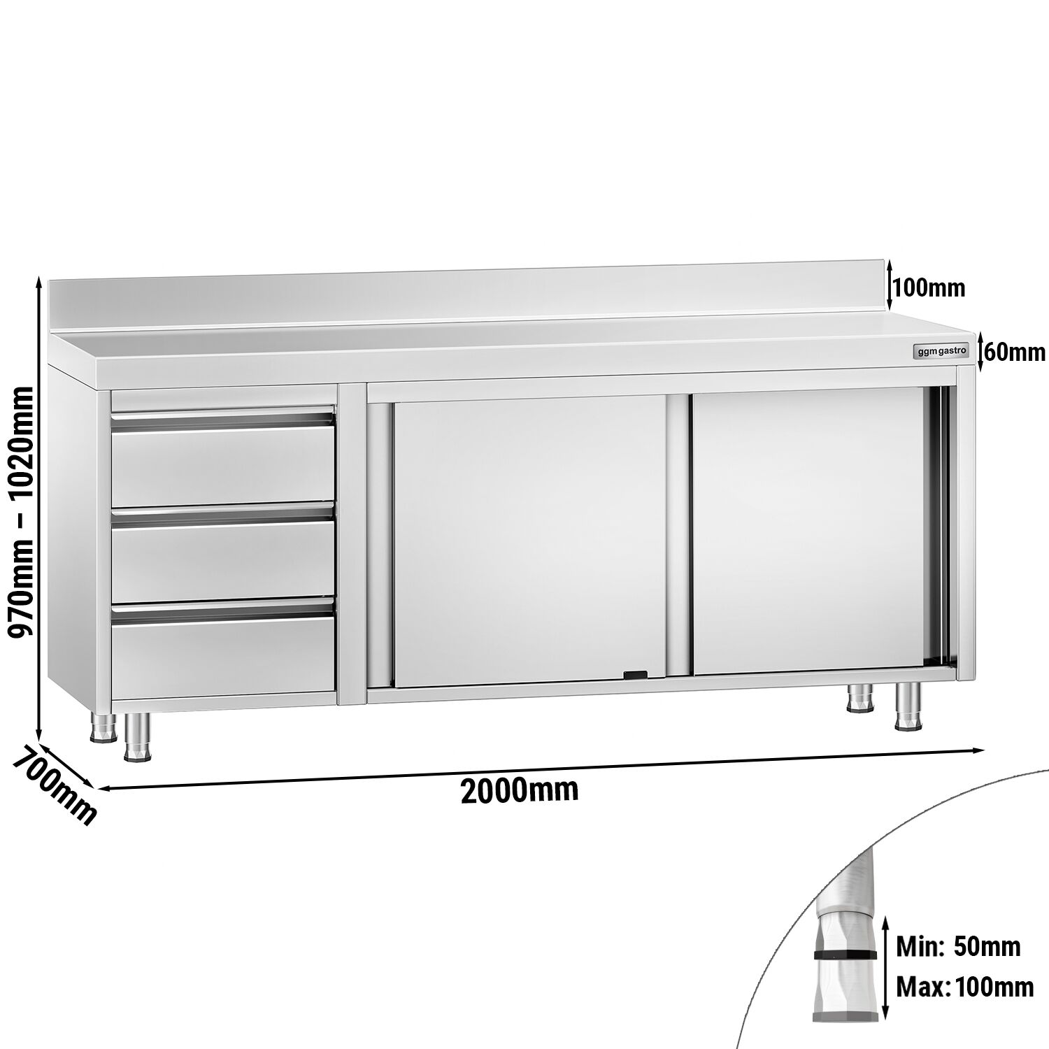 Table armoire en acier inoxydable PREMIUM - 2000x700mm - avec 3 tiroirs à gauche et portes coulissantes et étagère basse - avec dosseret