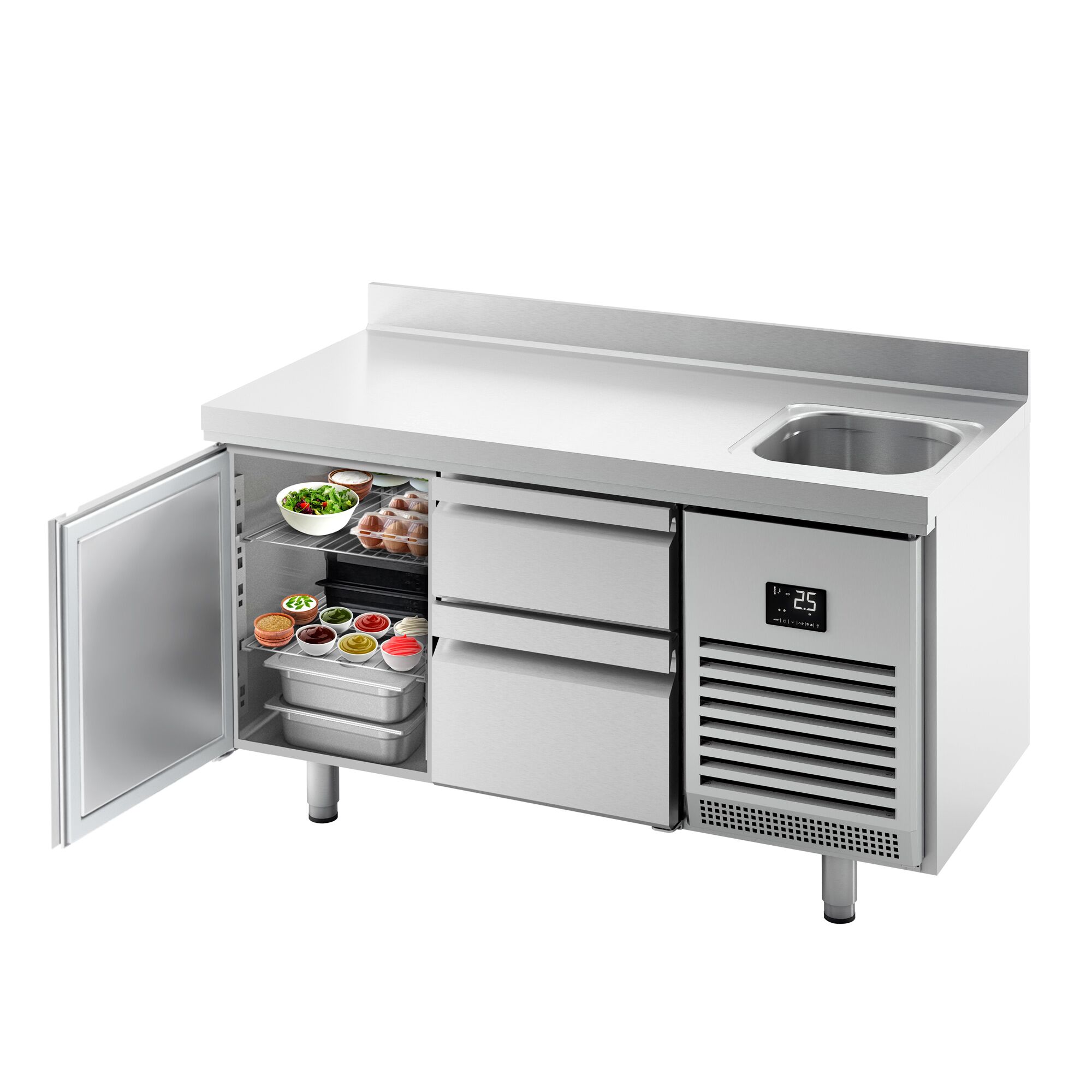 Table réfrigérée Premium PLUS - 1468x600 mm - avec 1 bac, 1 porte & 2 tiroirs - avec dosseret