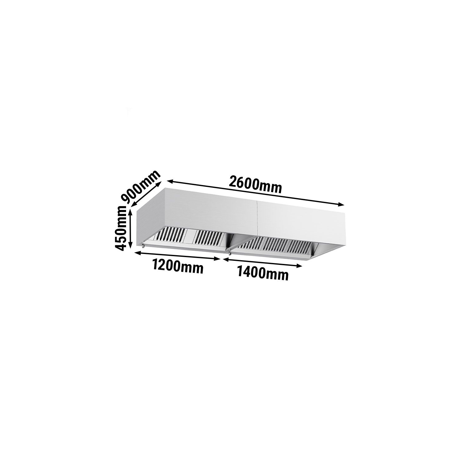 Hotte à adosser professionnelle - Profondeur 900 - 2600mm - sans moteur - avec filtres et éclairage