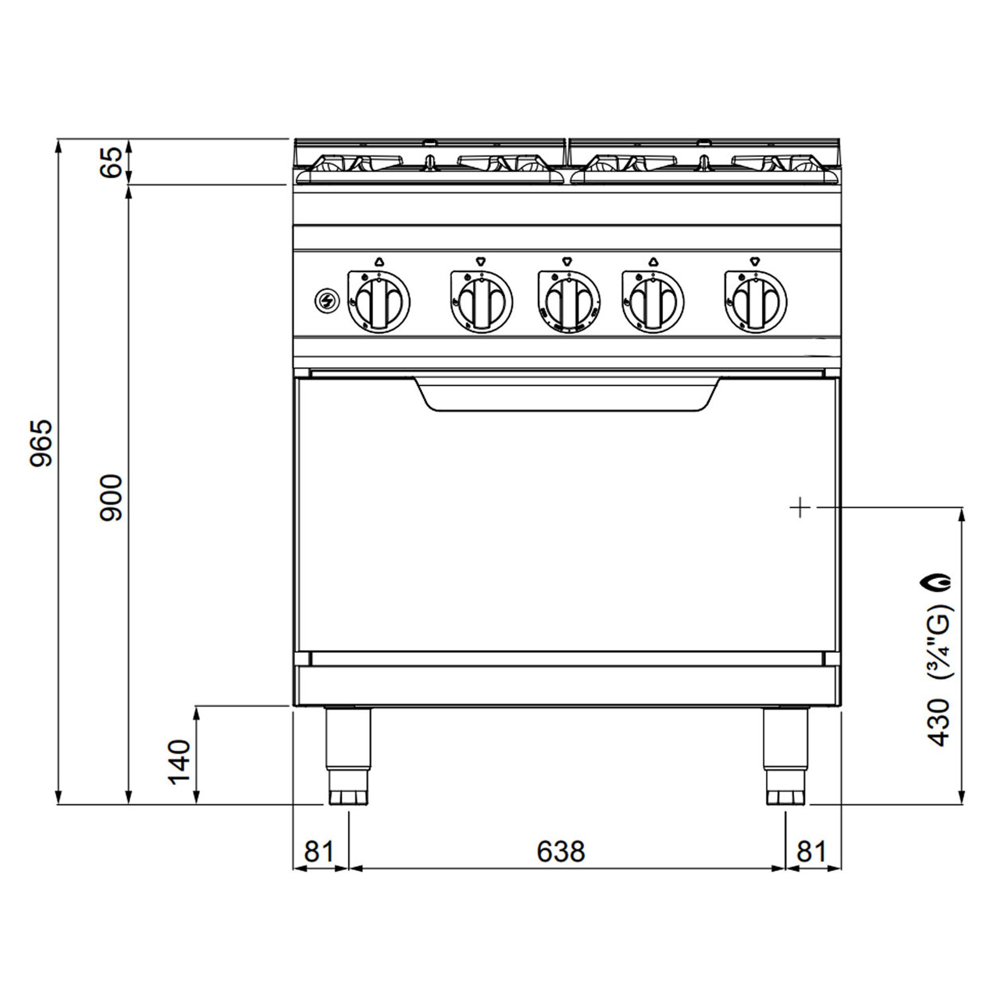 Fourneau à gaz – 34,5 kW – 4 brûleurs – avec four à gaz – 7,8 kW