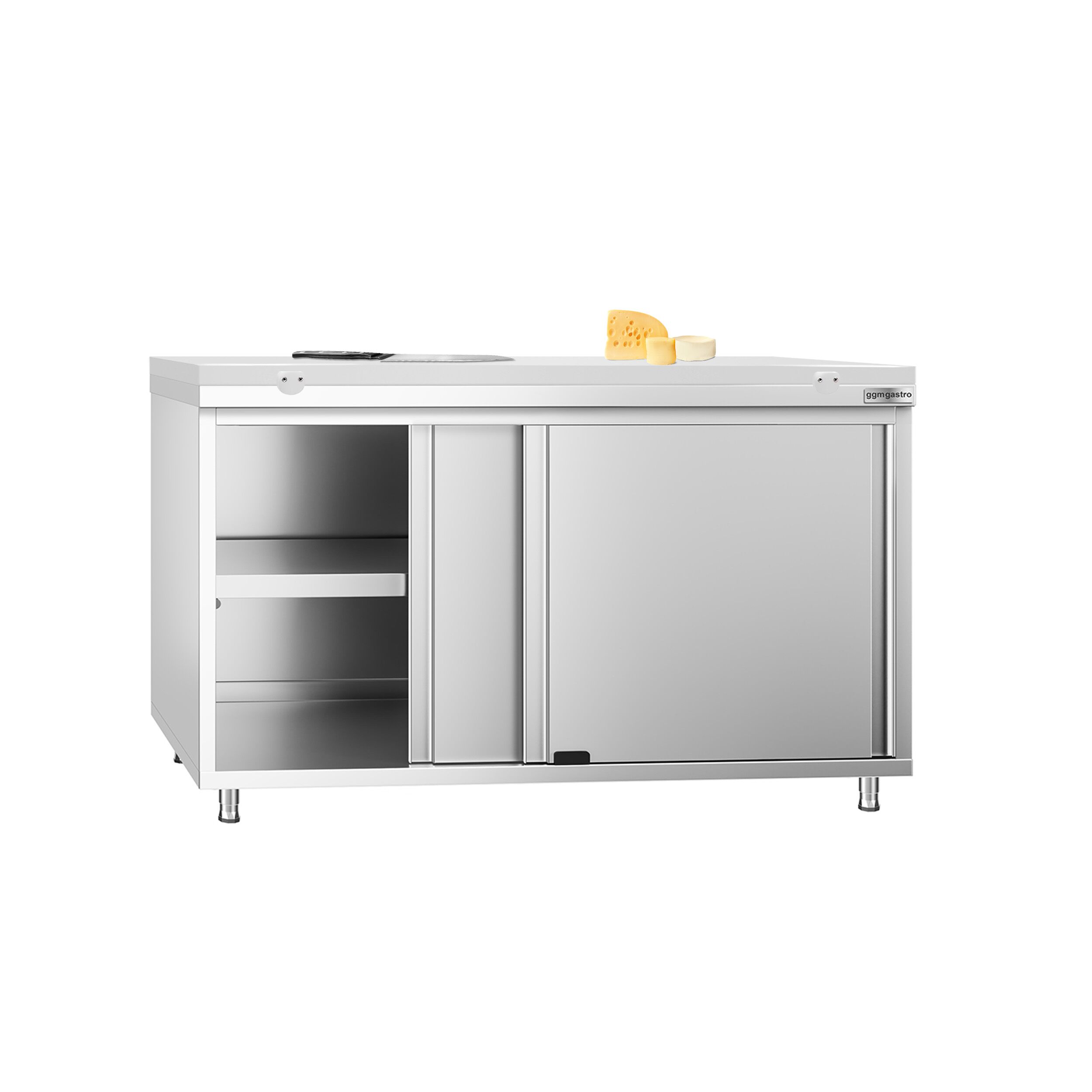 Table armoire en acier inoxydable PREMIUM - 1400x600mm - avec portes coulissantes - pour produits céréaliers, produits laitiers - incl. plateau de découpe Blanc PEHD (HACCP)