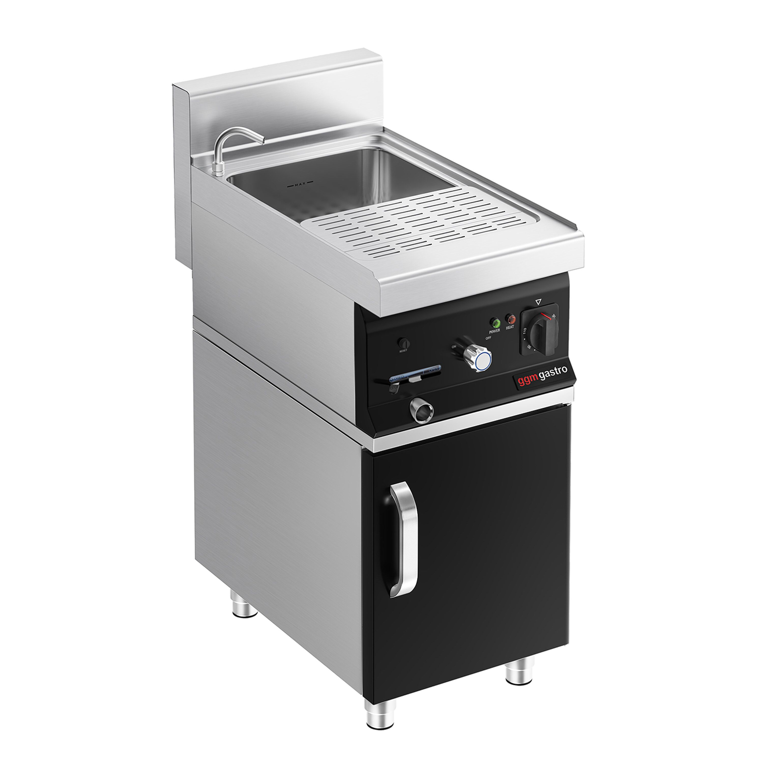 Cuiseur à pâtes électrique avec robinet – 26 L – 6 kW – incl. soubassement avec 1 porte
