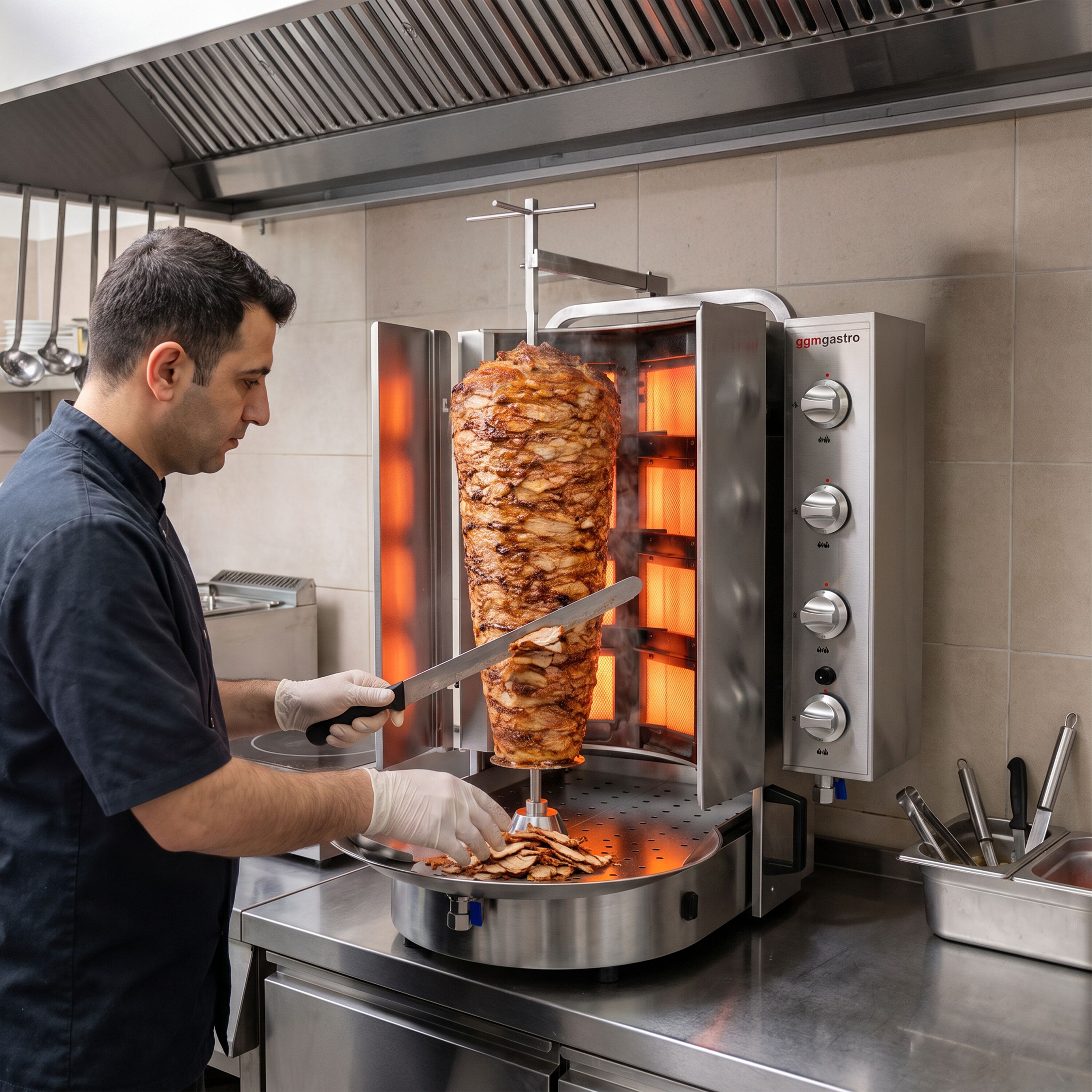 Gas Doner Kebab Grill (Shawarma/Gyros) – with Bottom Motor – ROBAX® Glass – 8 Burners – max. 75 kg – 16 kW