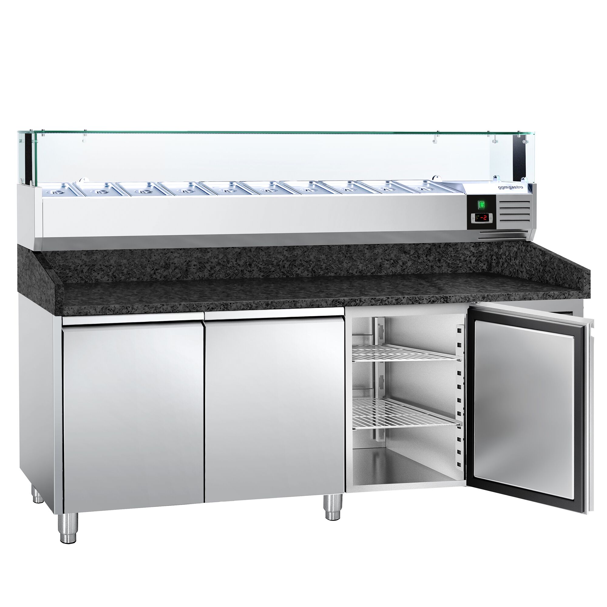 Table réfrigérée à pizza PREMIUM - 2000 x 800 mm - avec 3 portes - incl. vitrine réfrigérée LED - 10 x GN 1/4