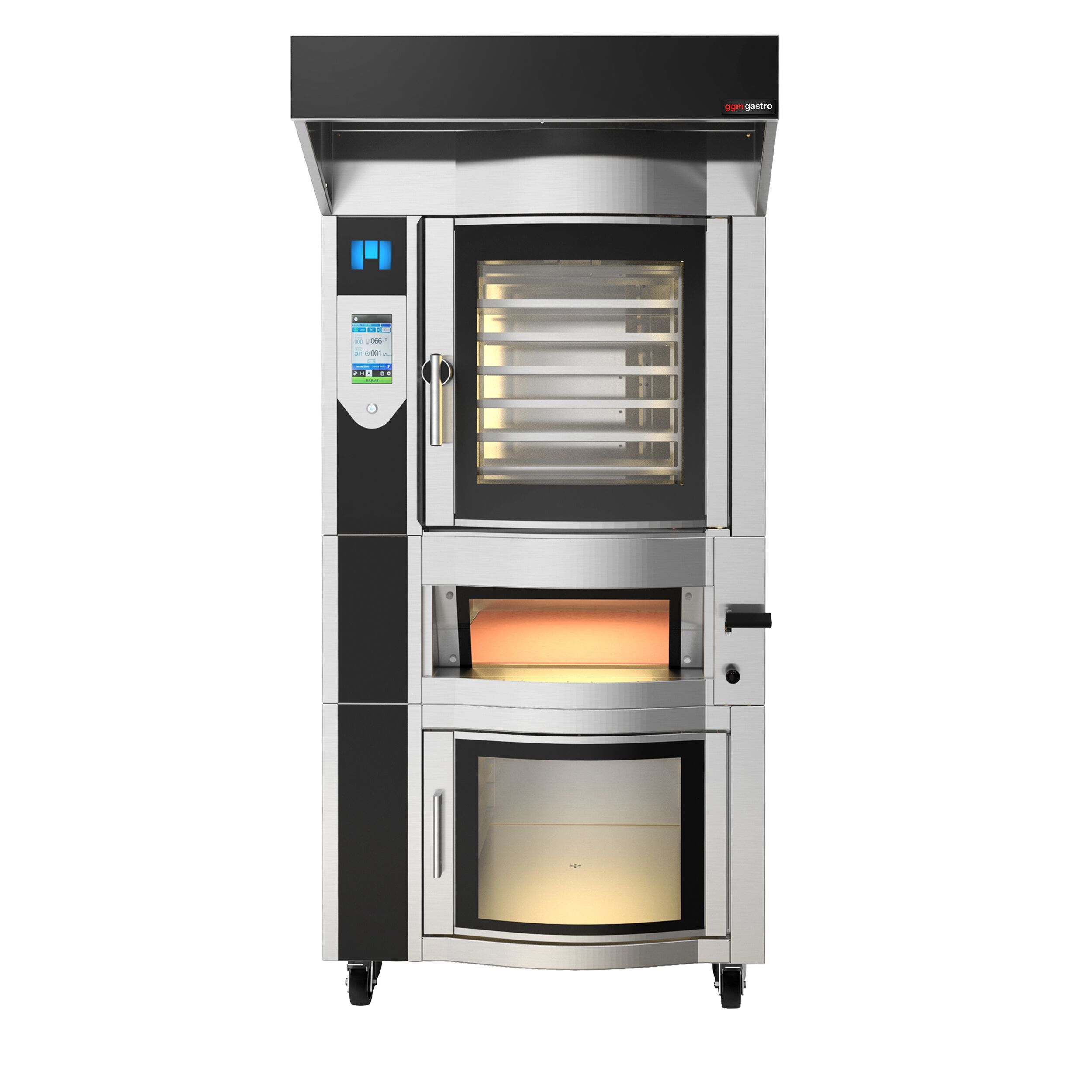 Four à chariot rotatif Électrique Four à convection avec injection d’eau - Écran tactile - 1 chambres de cuisson - 6 niveaux 600x400mm - Acier inoxydable - avec roulettes - inclus four à pizza, hotte et armoire de fermentation