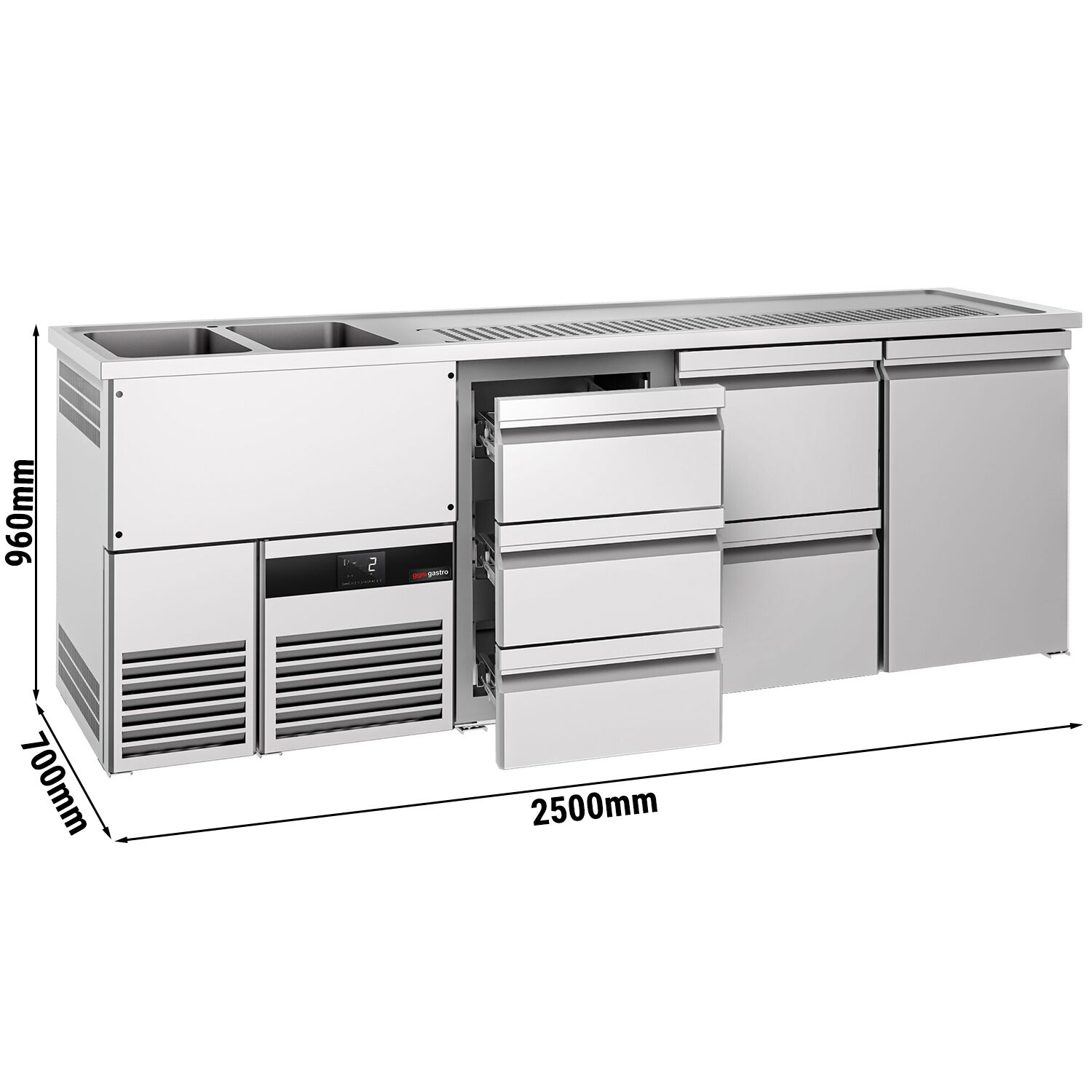 Comptoir de bar réfrigéré PREMIUM - 2500x700mm - 1 porte & 5 tiroirs