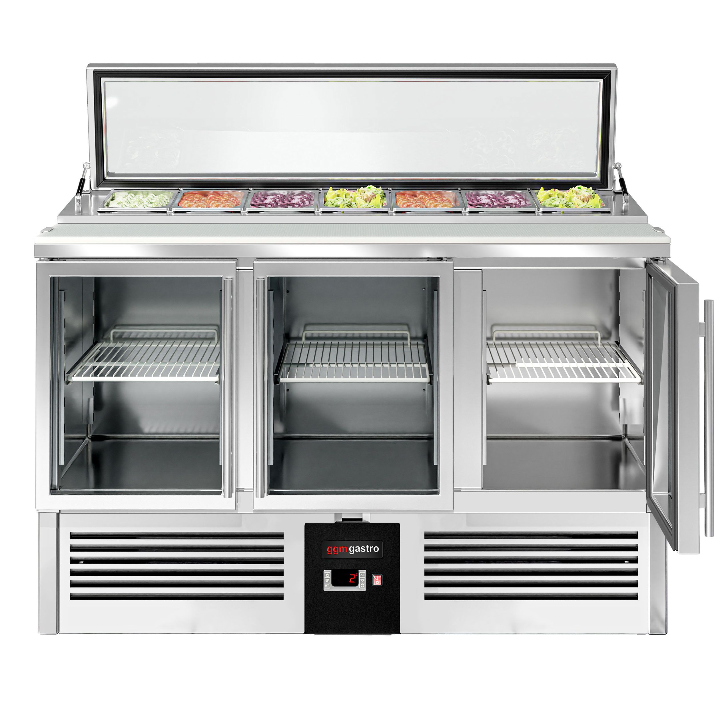 Saladette réfrigérée PREMIUM - 1365mm - 248L - 3 portes vitrées - pour 7x GN 1/3 & Couvercle verre