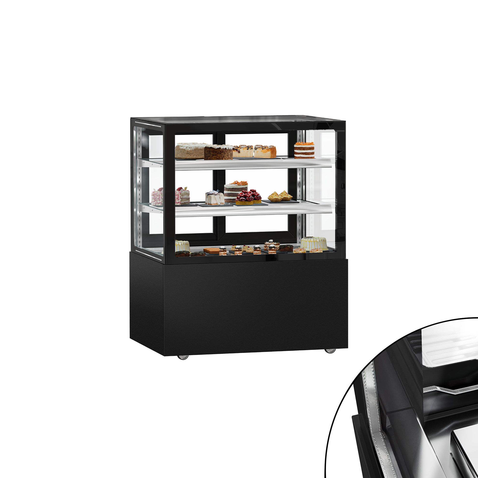 Vitrine à pâtisserie réfrigérée MADRID - 430L - 1000mm - Double vitrage - avec 2 étagères en verre - portes coulissantes vitrées arrière - Noir mat