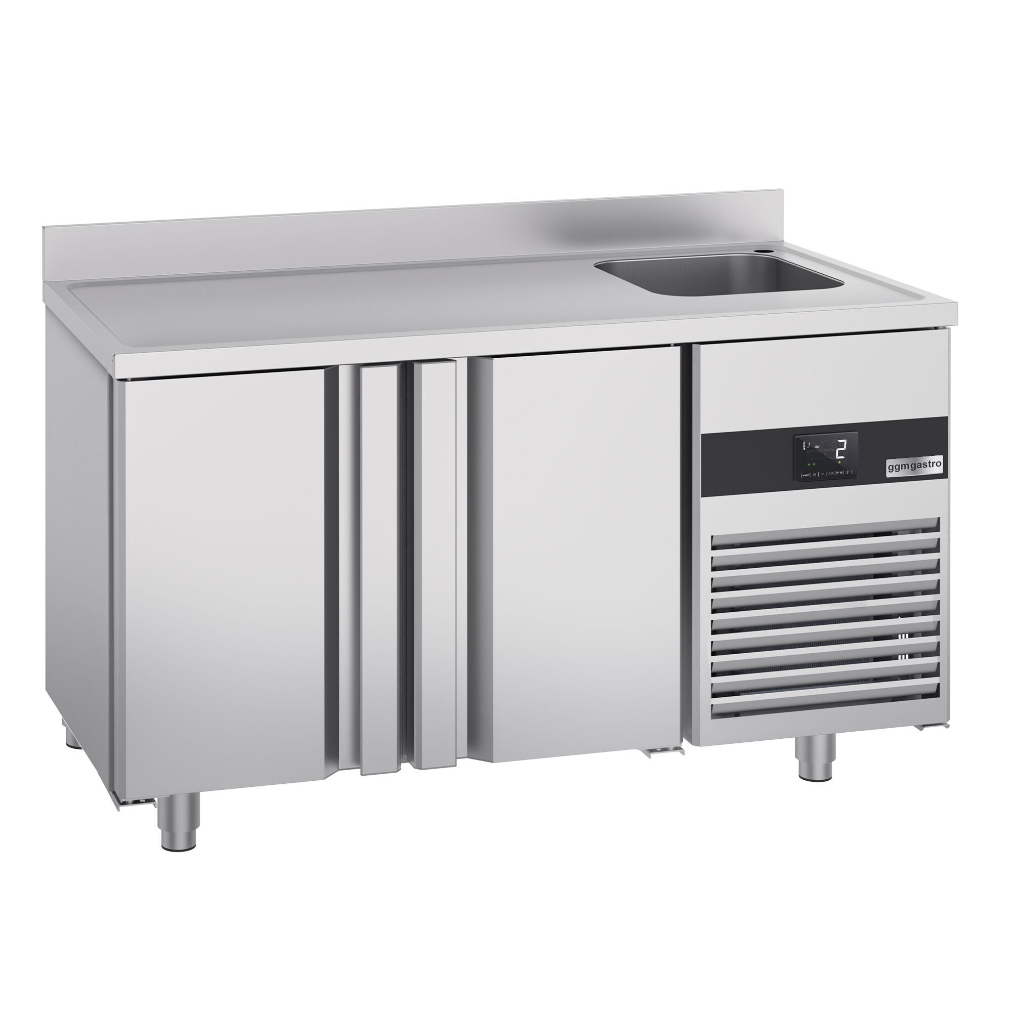 Commercial Counter Fridge PREMIUM - 1430x700mm - with 2 doors - sink right - with upstand - capacity 270 litres