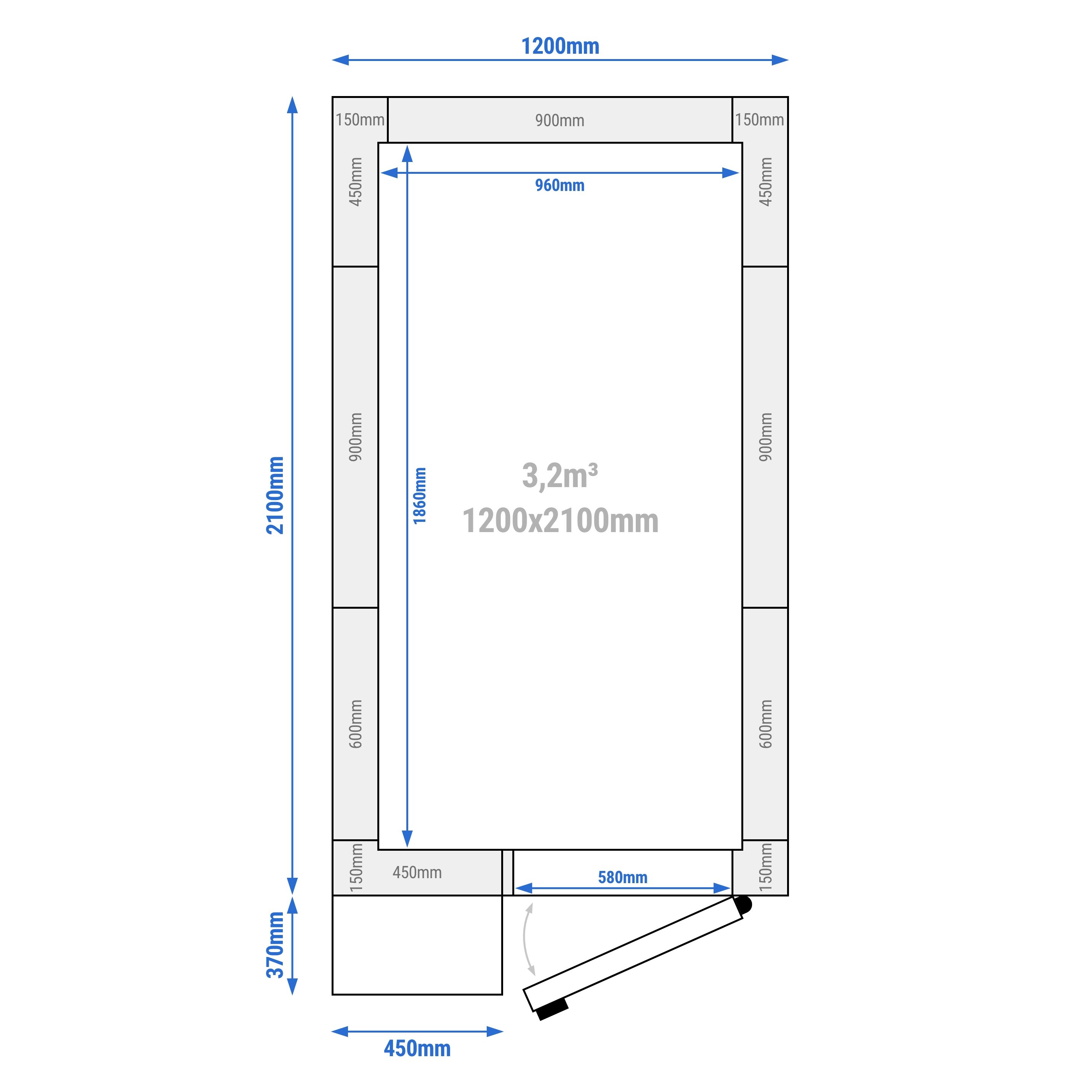 Chambre de congélation – 1200 × 2100 mm – 3,2 m³ – avec groupe de congélation et rideaux à lamelles inclus
