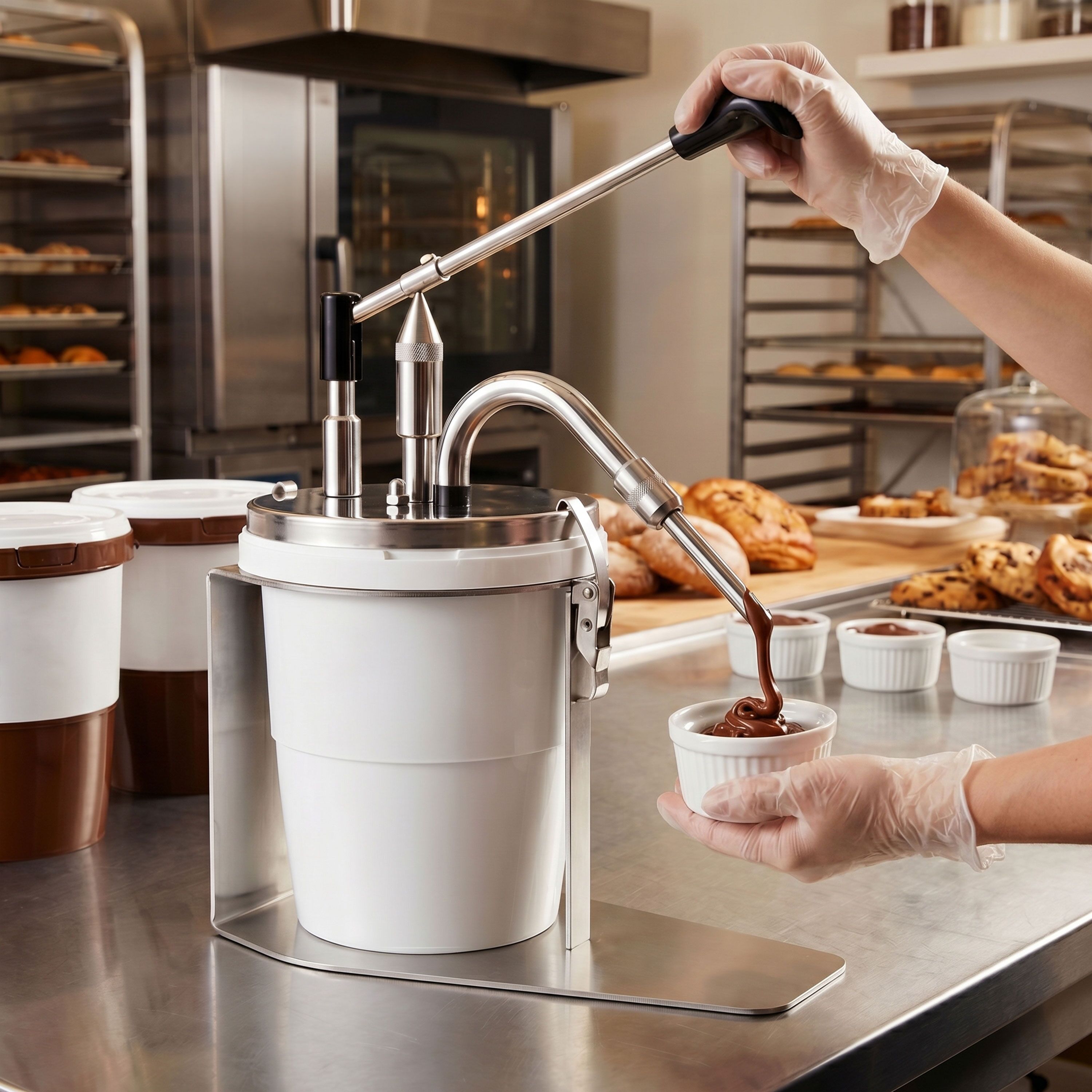 Portion Pump - adjustable dose - fits 3 litres Nutella buckets - Stainless steel - 365x300x160mm - without container - incl. stainless steel frame