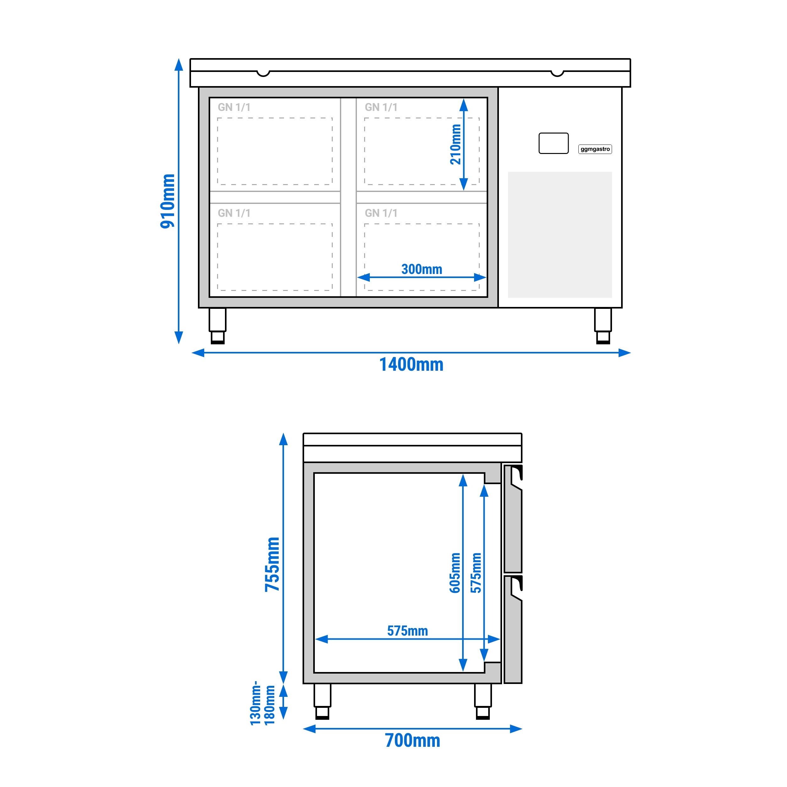 Table réfrigérée PREMIUM - 1400x700 mm - avec 4 tiroirs - incl. planche à découper blanche