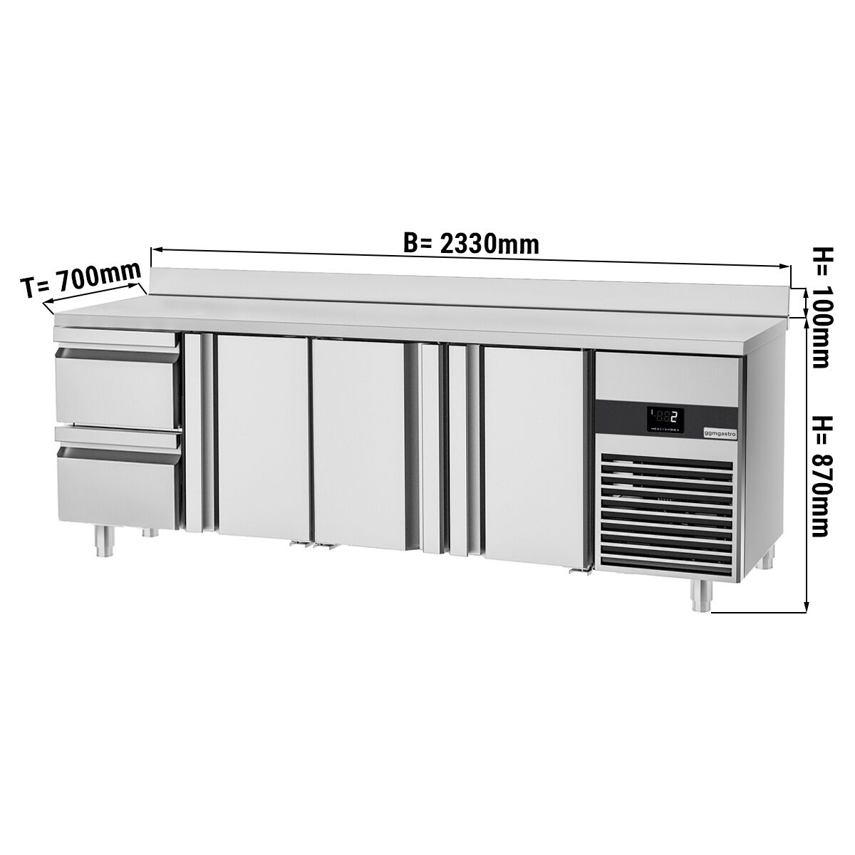 Commercial Refrigerated Worktable PREMIUM - 2330x700 - 3 Doors - 2 Drawers - Upstand