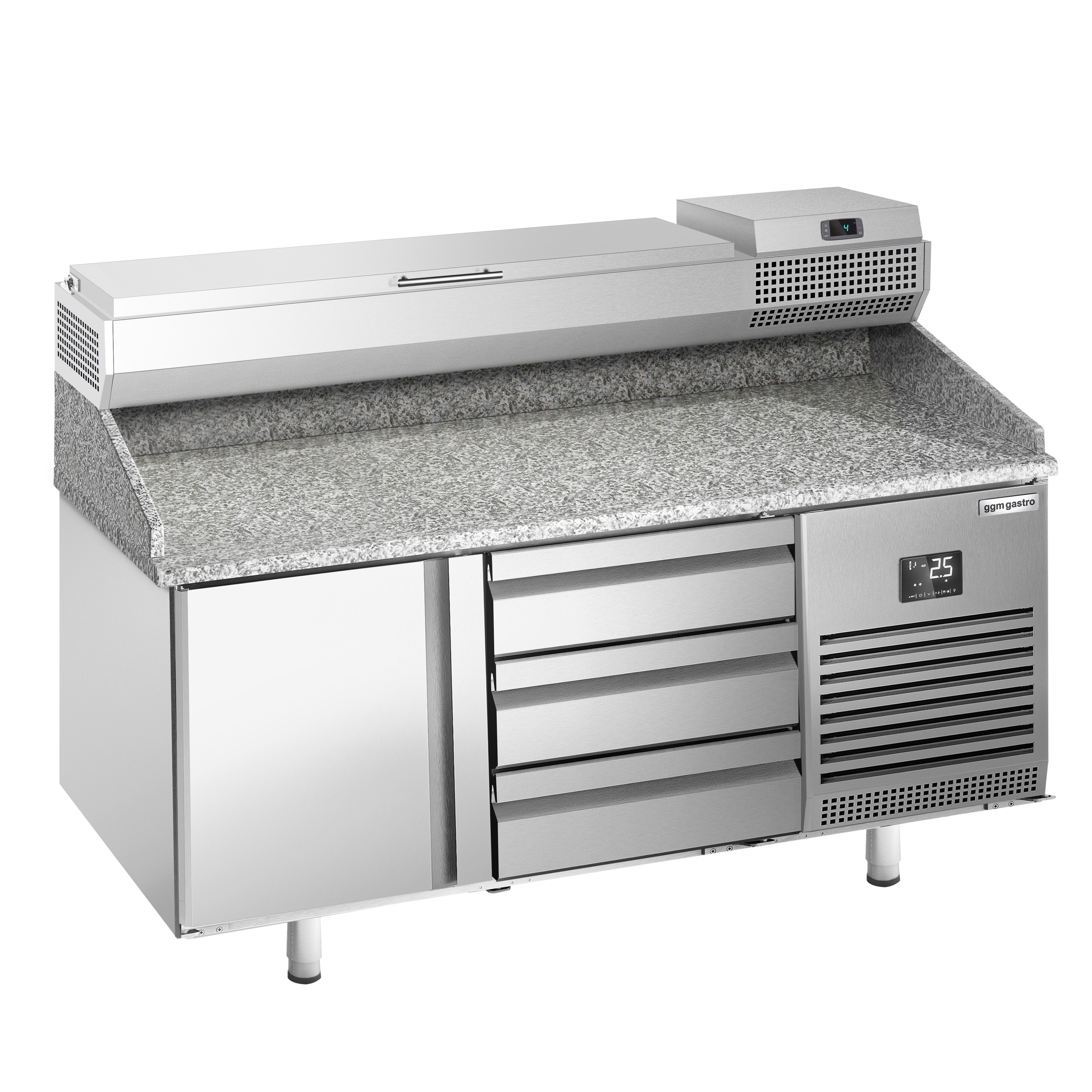 Table réfrigérée à pizza Premium PLUS - 1490x700 mm - avec 1 porte & 3 tiroirs - incl. vitrine réfrigérée - 6x GN 1/4