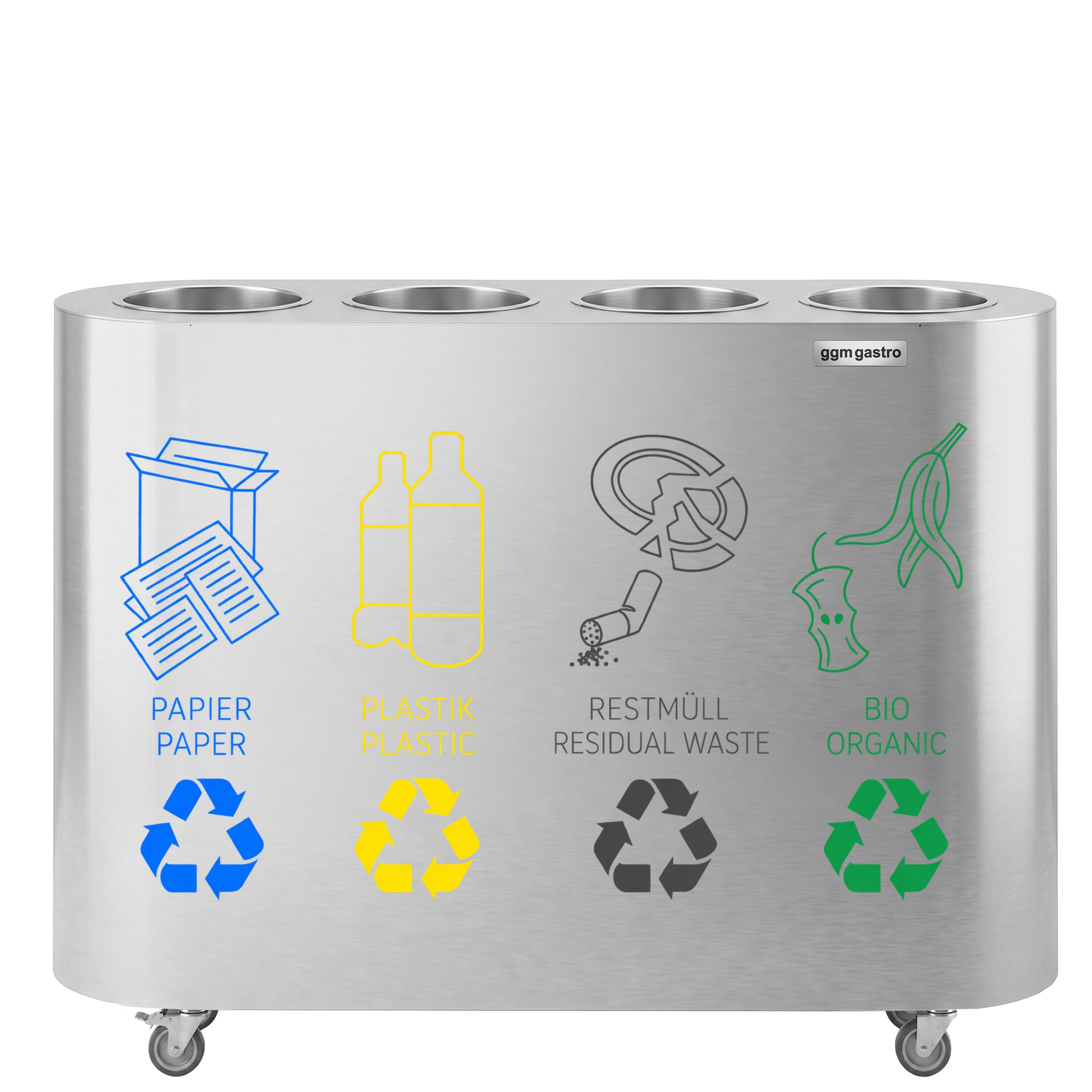 Waste sorting system – 4 bins, 30 litres each – stainless steel