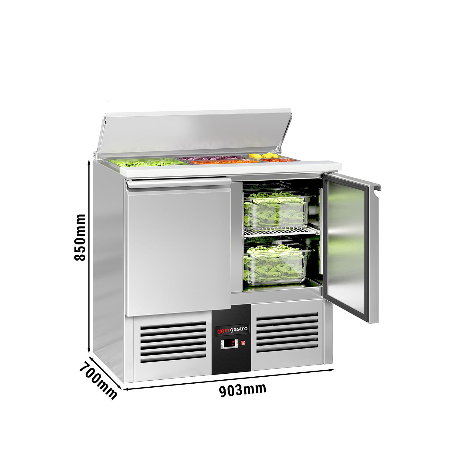 Saladette réfrigérée PREMIUM - 903mm - 240L - 2 portes - pour 2x GN 1/1 & 3x GN 1/6 & Couvercle inox