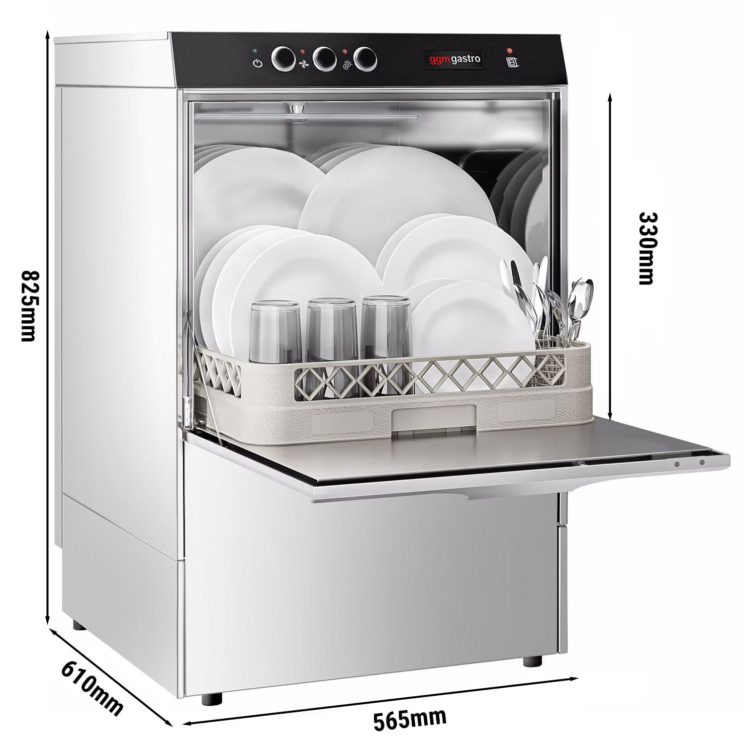 Lave-vaisselle professionnel frontal - Panier 50x50cm - Commandes mécaniques - 4,9kW - avec pompe de vidange + pompes doseuses détergent et liquide de rinçage