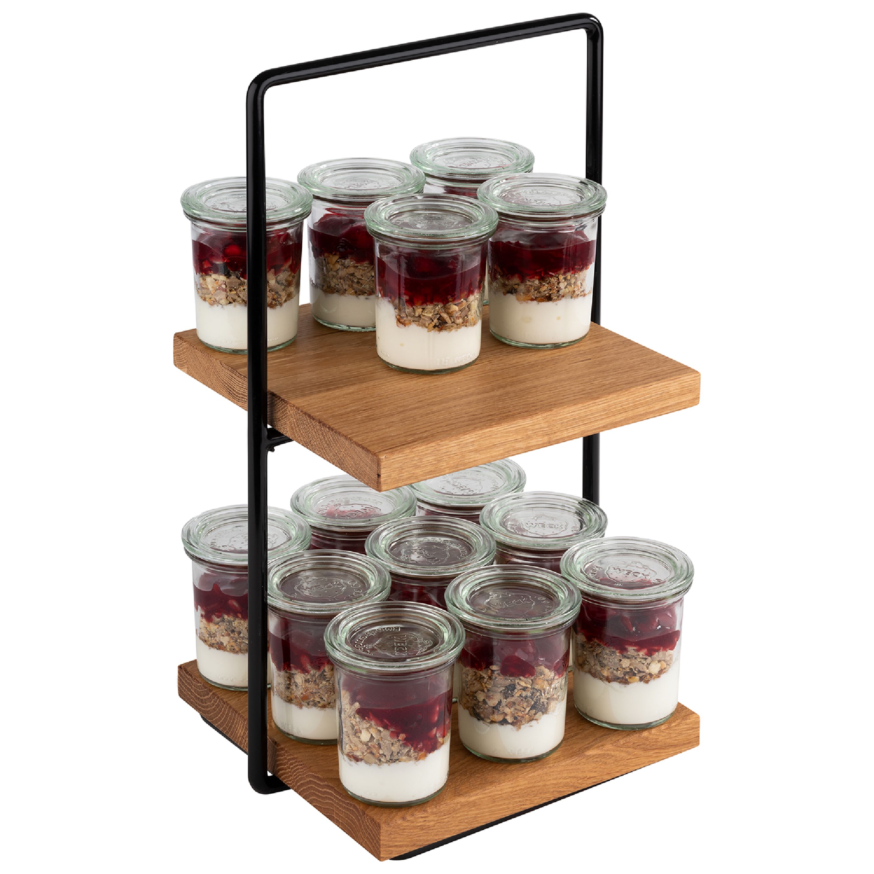 Présentoir buffet - 2 niveaux - PERFECTO SMALL - Rectangulaire - Structure en métal - Plateaux en chêne/bois